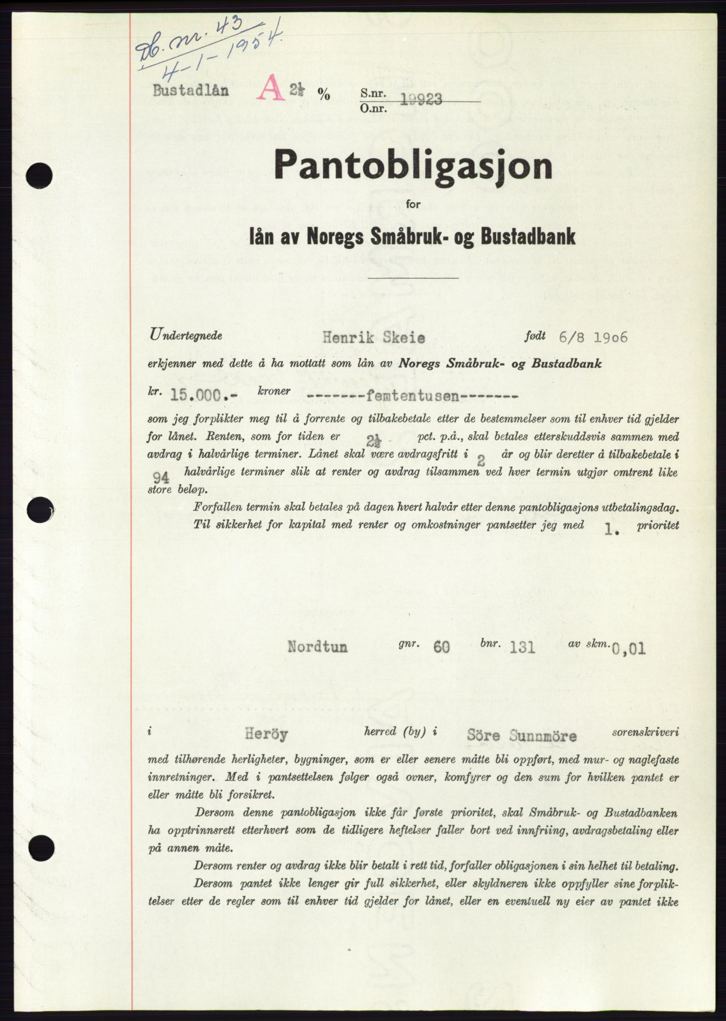Søre Sunnmøre sorenskriveri, AV/SAT-A-4122/1/2/2C/L0124: Mortgage book no. 12B, 1953-1954, Diary no: : 43/1954