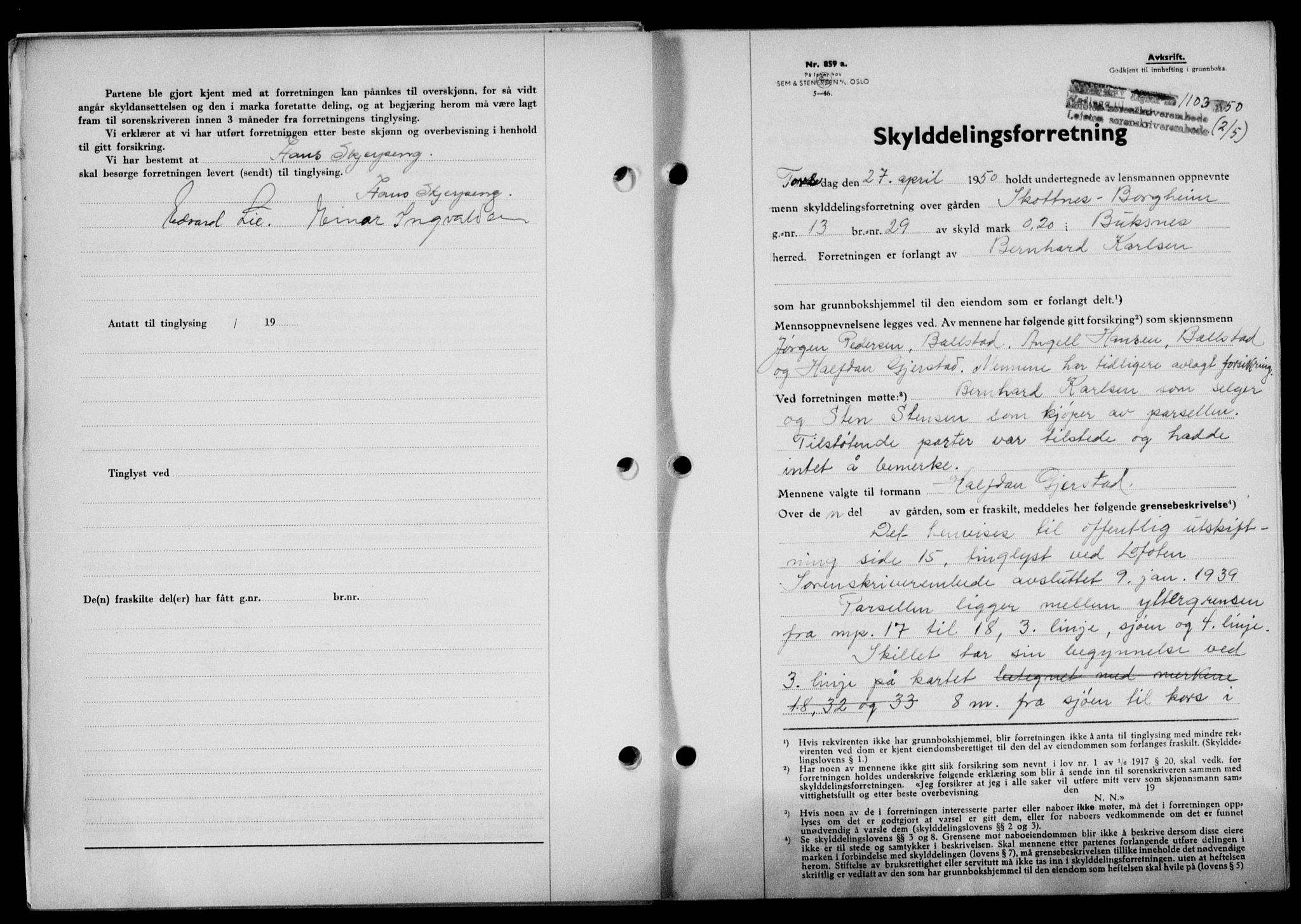 Lofoten sorenskriveri, SAT/A-0017/1/2/2C/L0023a: Mortgage book no. 23a, 1950-1950, Diary no: : 1103/1950