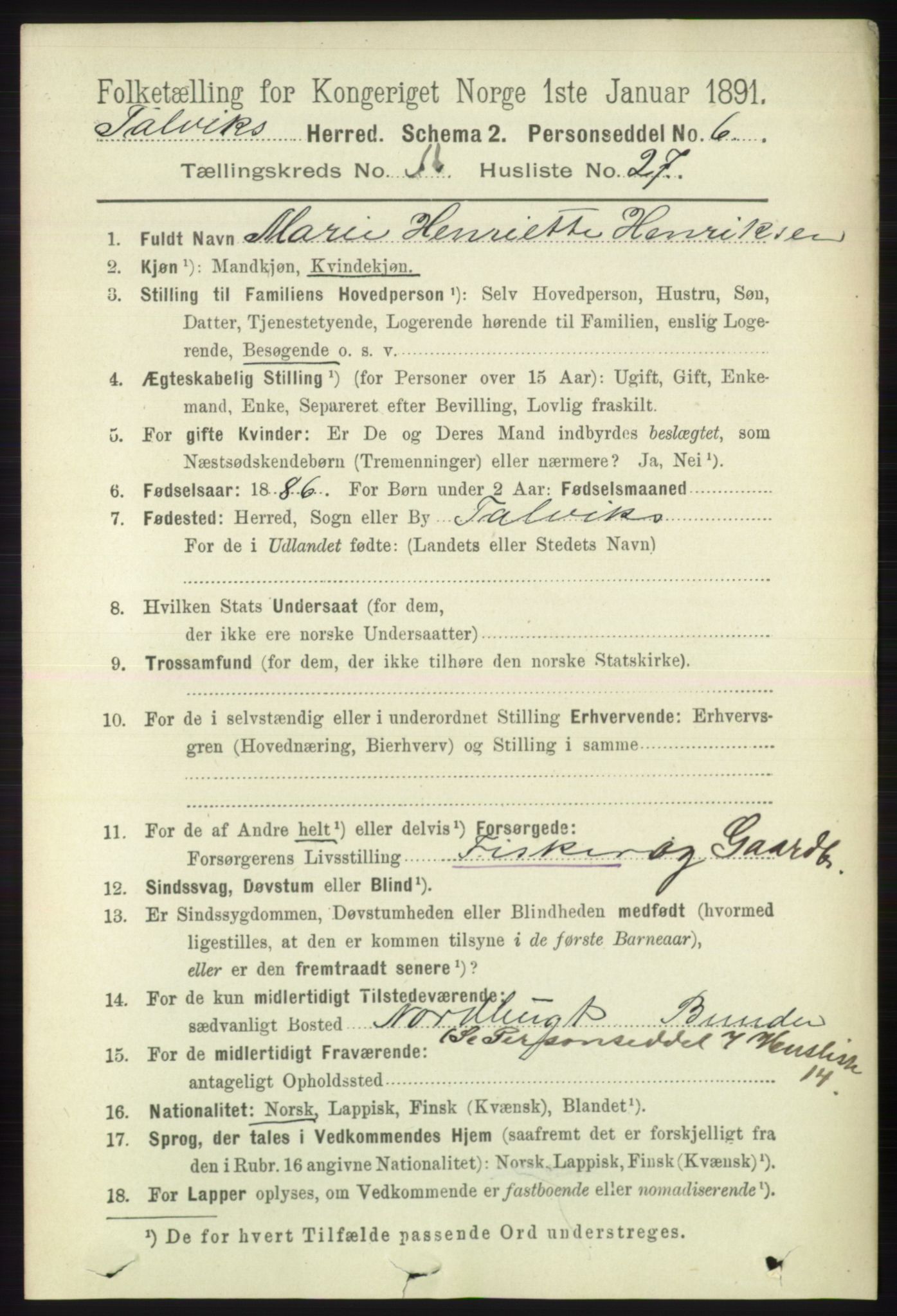 RA, 1891 census for 2013 Talvik, 1891, p. 1516