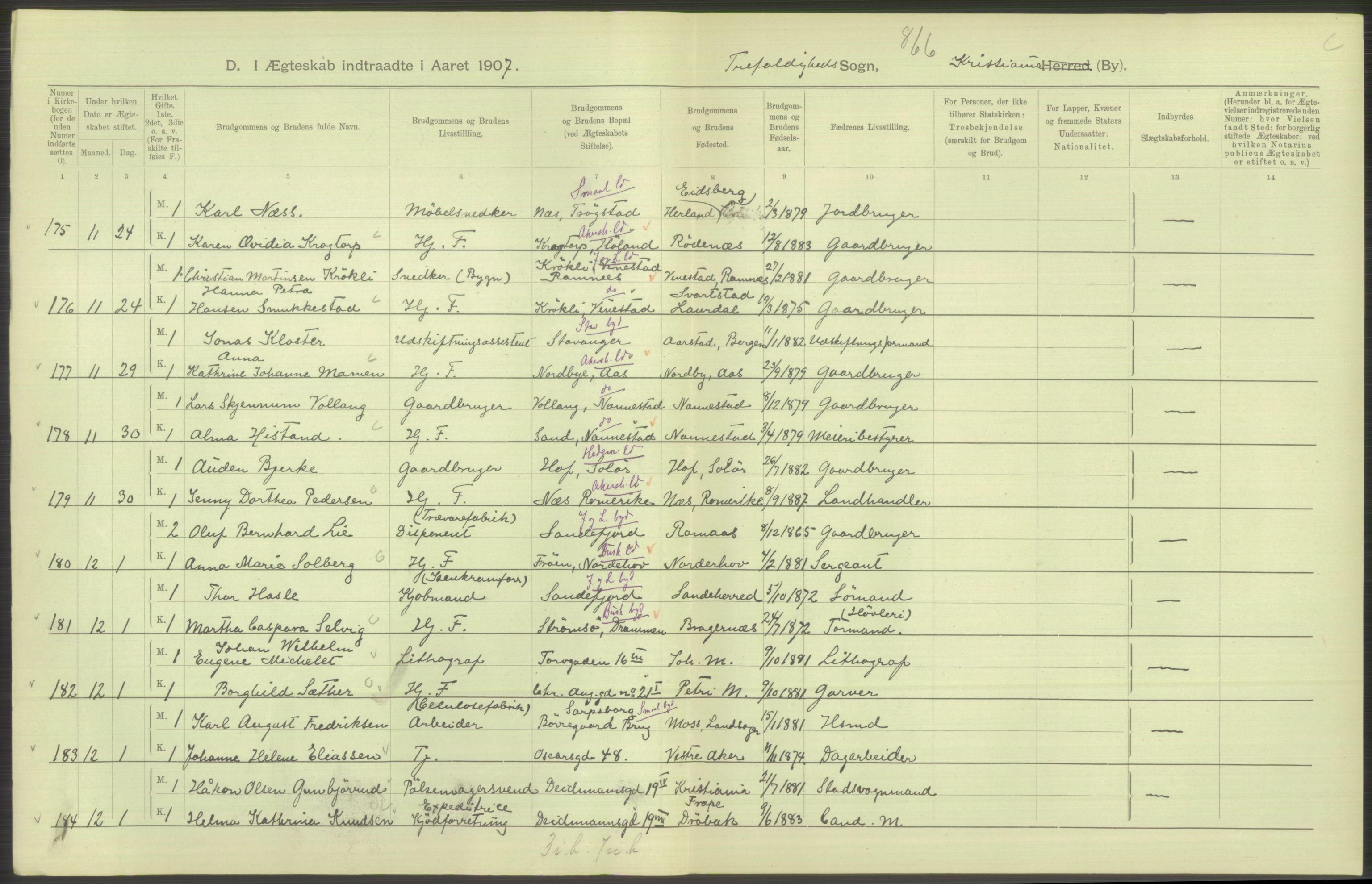 Statistisk sentralbyrå, Sosiodemografiske emner, Befolkning, AV/RA-S-2228/D/Df/Dfa/Dfae/L0008: Kristiania: Gifte, 1907, p. 270