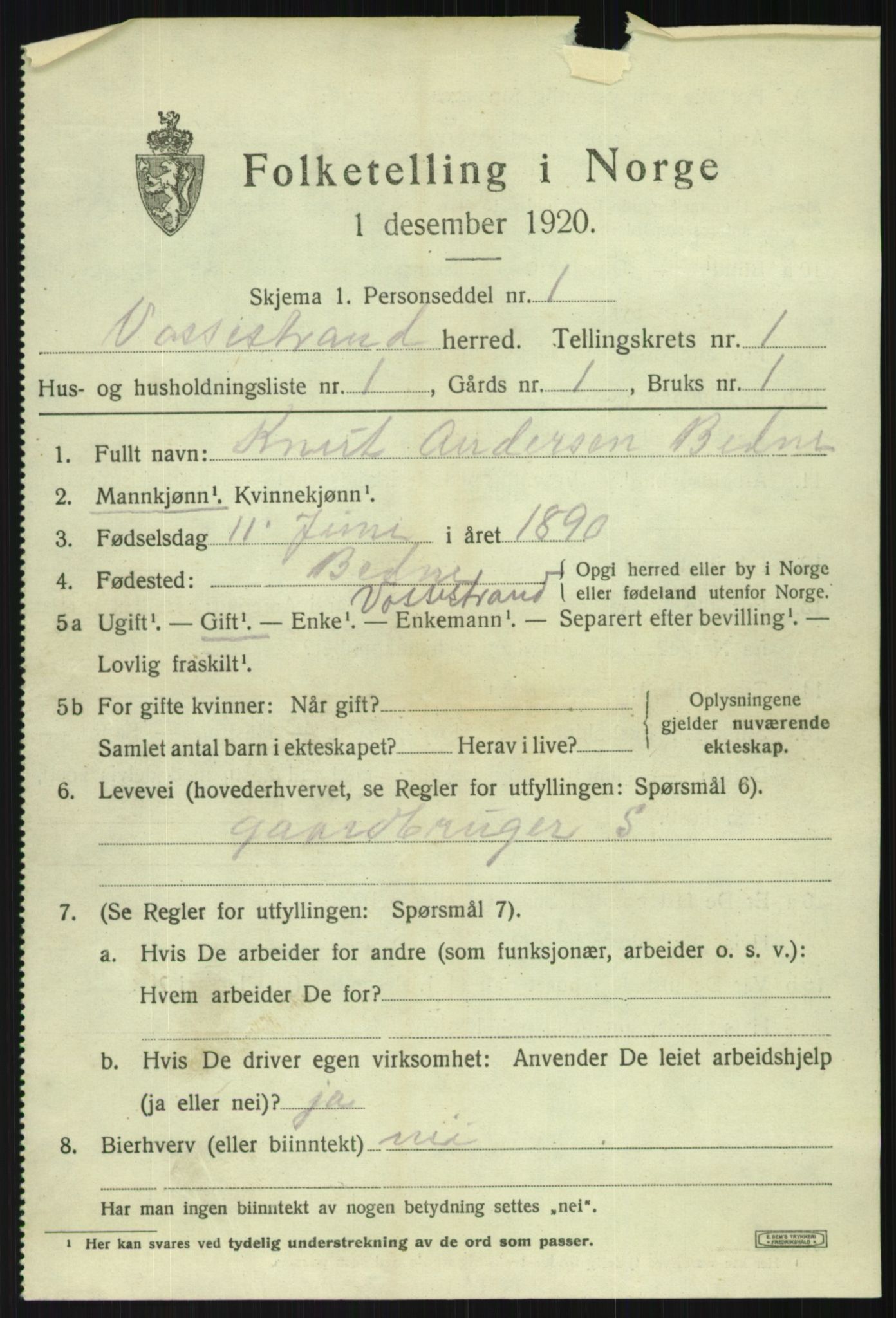 SAB, 1920 census for Vossestrand, 1920, p. 716