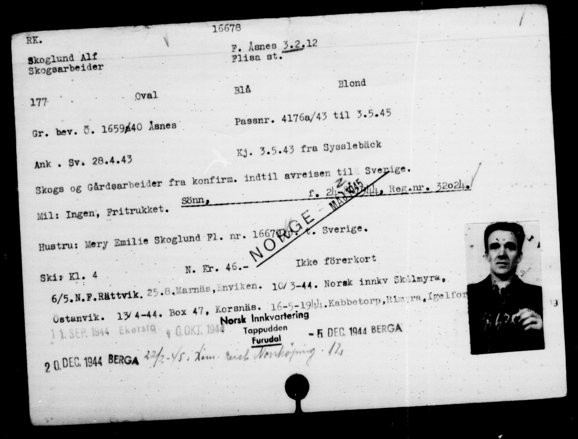 Utenriksstasjonene, Legasjonen i Stockholm, Flyktningkontoret, AV/RA-S-6753/V/Va/L0008: Kjesäterkartoteket, flyktninger med registreringsnr. 15700-18547, 1940-1945, p. 1060