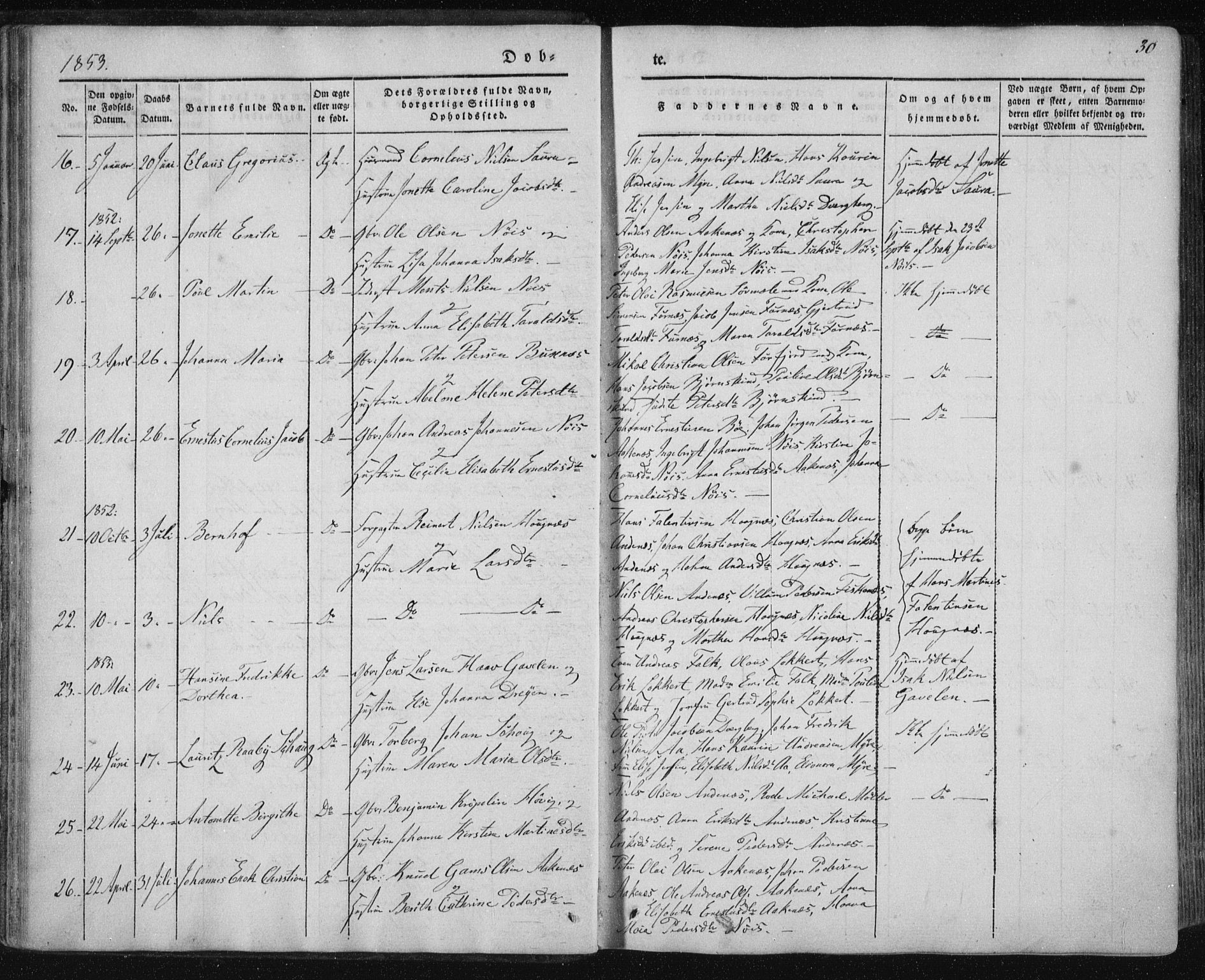 Ministerialprotokoller, klokkerbøker og fødselsregistre - Nordland, AV/SAT-A-1459/897/L1396: Parish register (official) no. 897A04, 1842-1866, p. 30