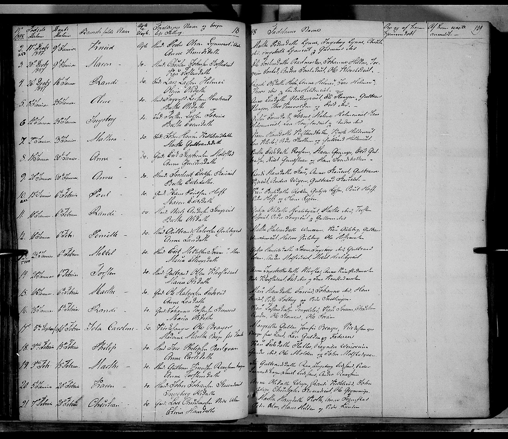 Gran prestekontor, SAH/PREST-112/H/Ha/Haa/L0011: Parish register (official) no. 11, 1842-1856, p. 138-139