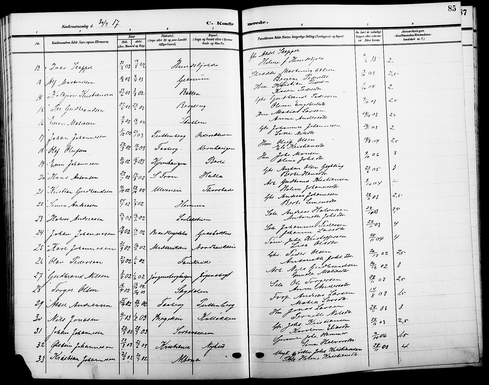 Ringsaker prestekontor, SAH/PREST-014/L/La/L0016: Parish register (copy) no. 16, 1905-1920, p. 85
