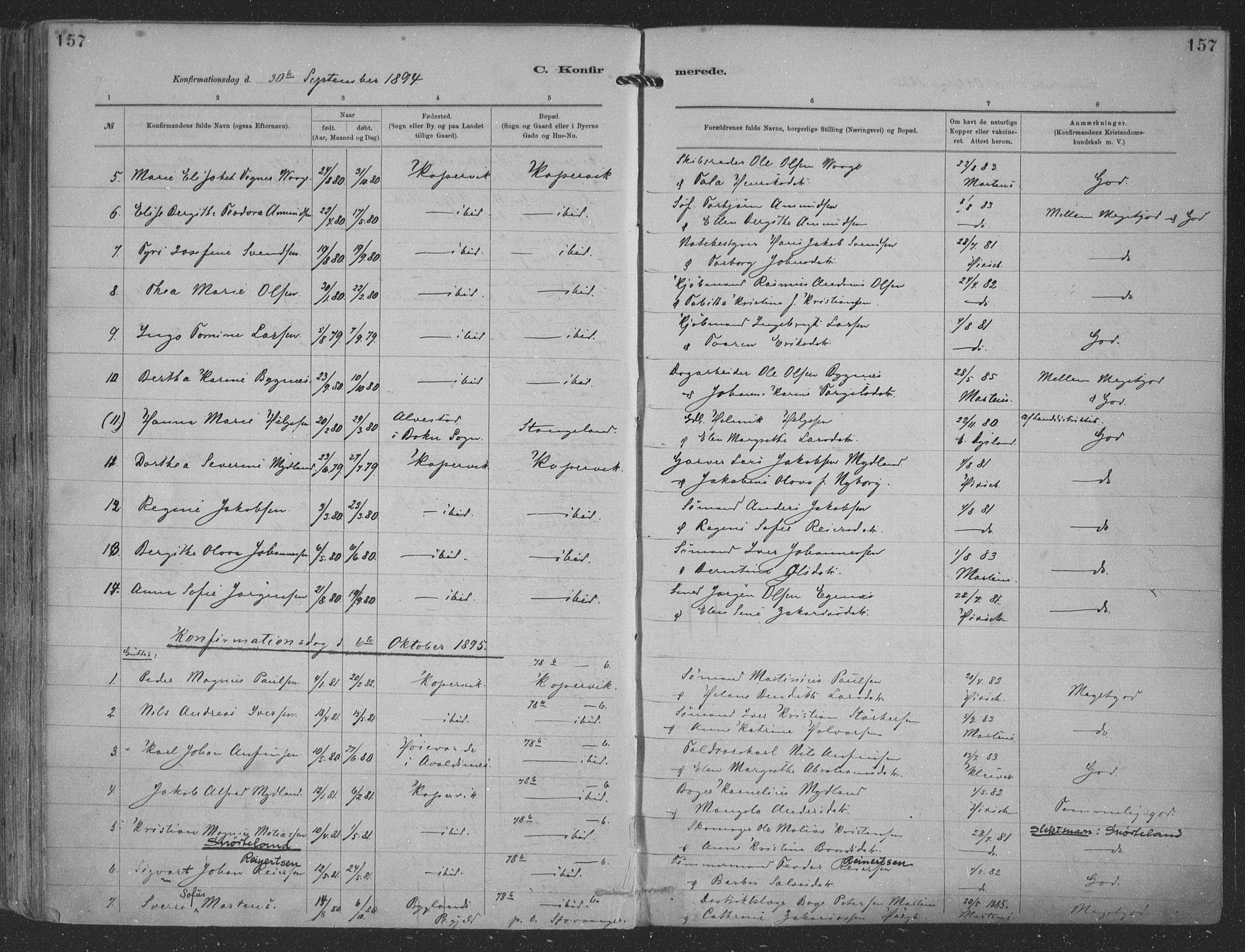 Kopervik sokneprestkontor, SAST/A-101850/H/Ha/Haa/L0001: Parish register (official) no. A 1, 1880-1919, p. 157