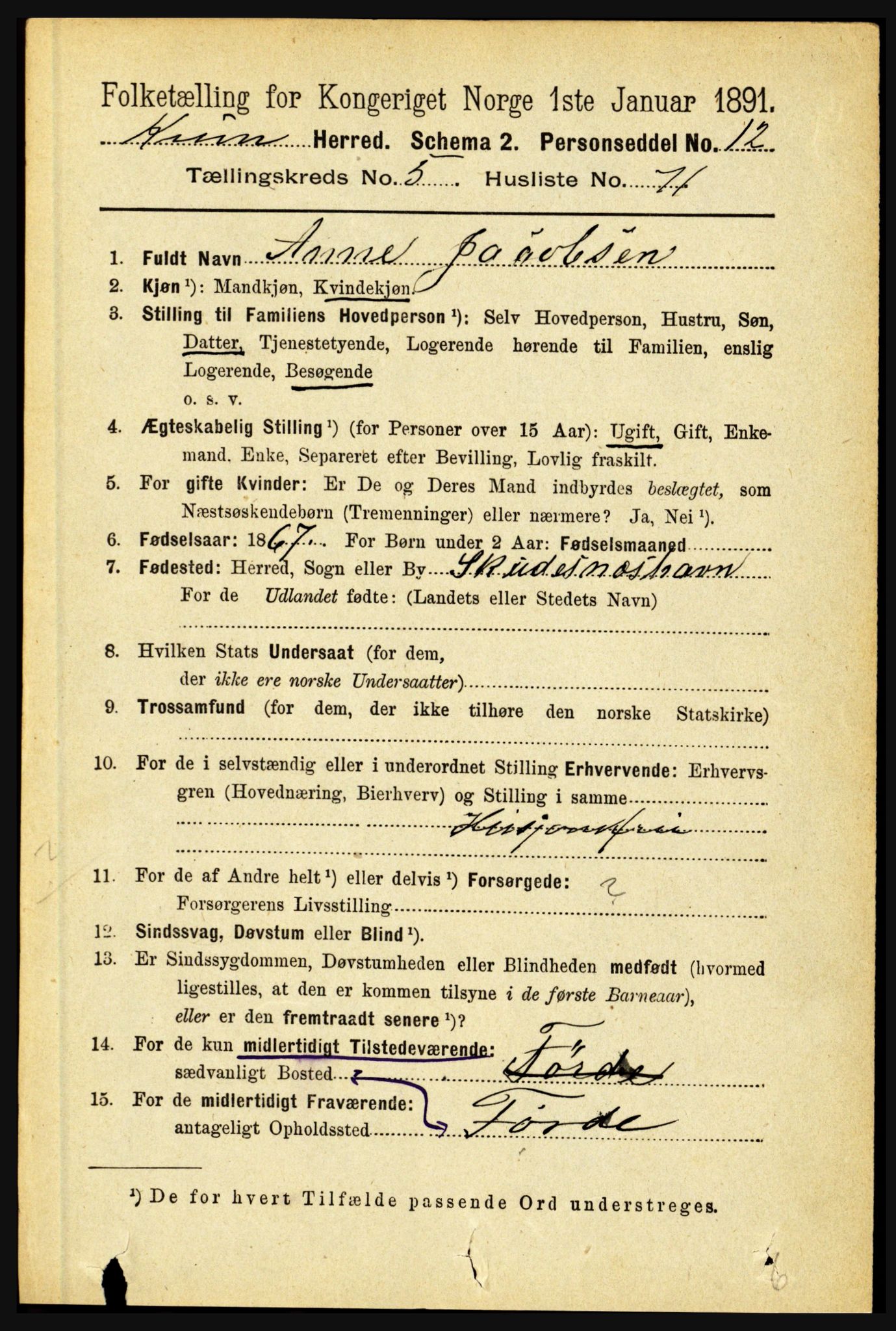 RA, 1891 census for 1437 Kinn, 1891, p. 2208