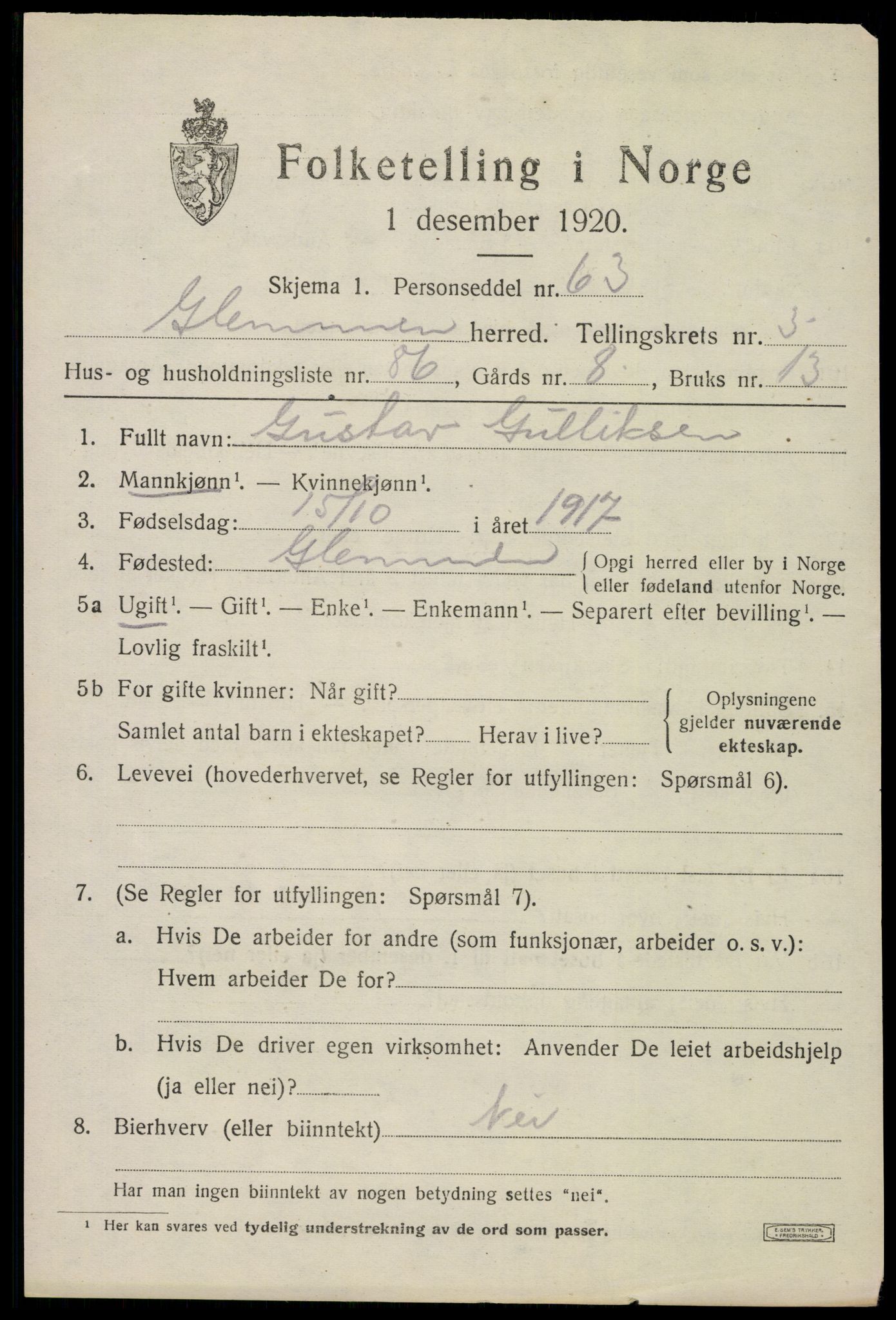 SAO, 1920 census for Glemmen, 1920, p. 7835