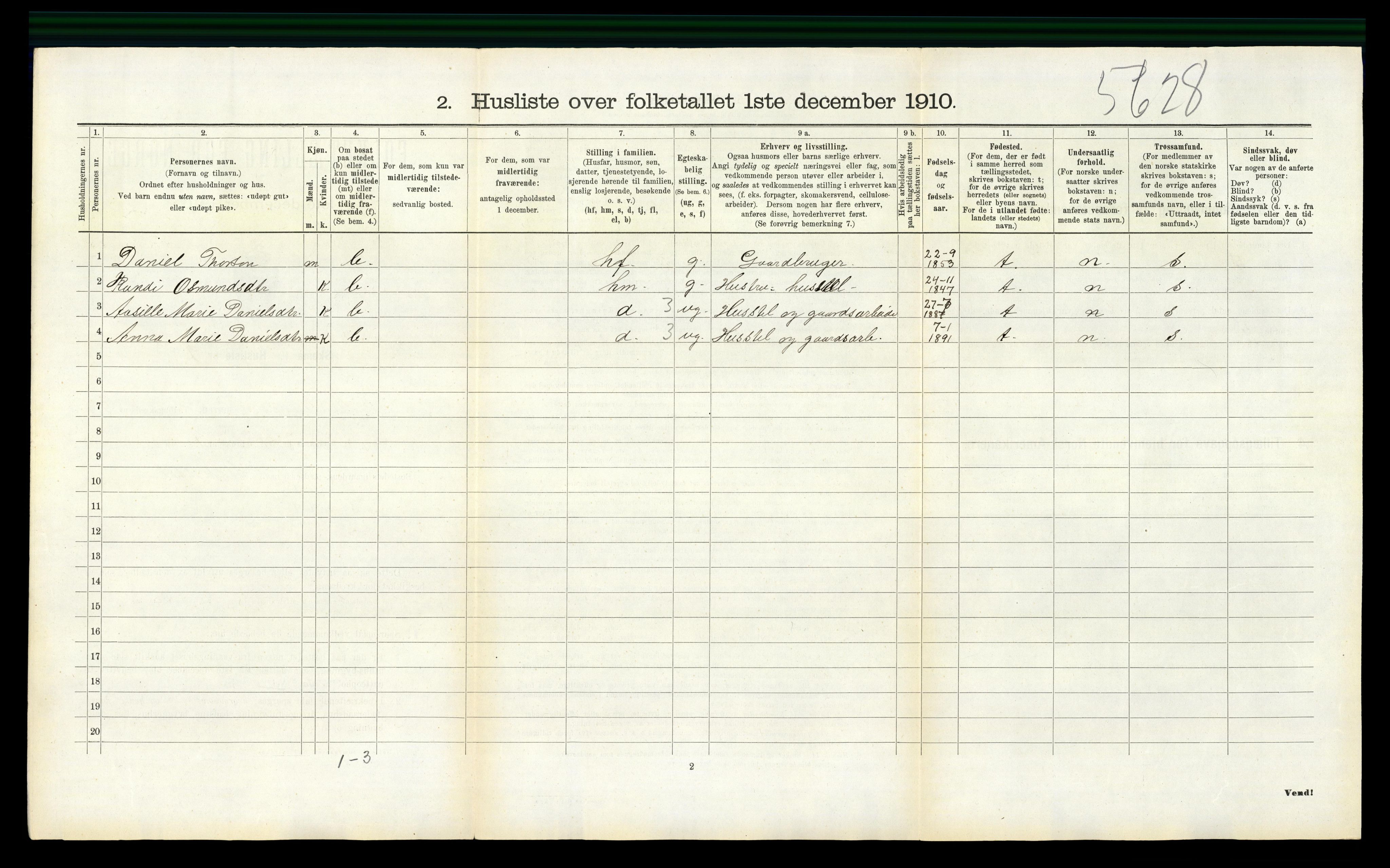 RA, 1910 census for Bjelland, 1910, p. 101