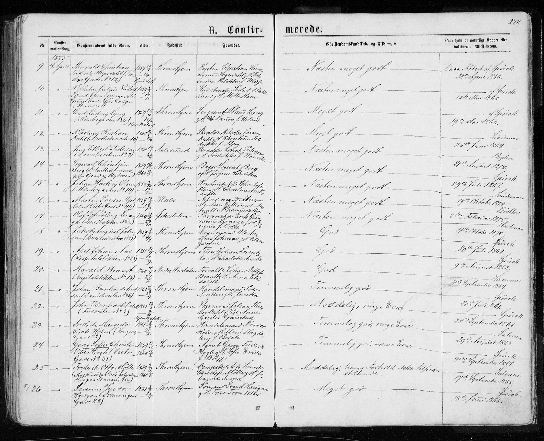 Ministerialprotokoller, klokkerbøker og fødselsregistre - Sør-Trøndelag, SAT/A-1456/601/L0054: Parish register (official) no. 601A22, 1866-1877, p. 280