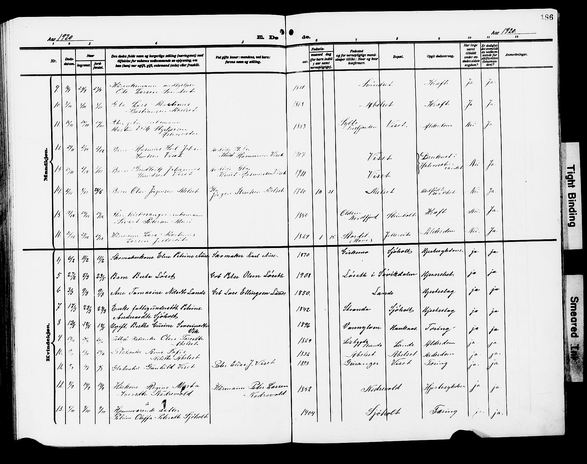 Ministerialprotokoller, klokkerbøker og fødselsregistre - Møre og Romsdal, SAT/A-1454/522/L0328: Parish register (copy) no. 522C07, 1909-1925, p. 186