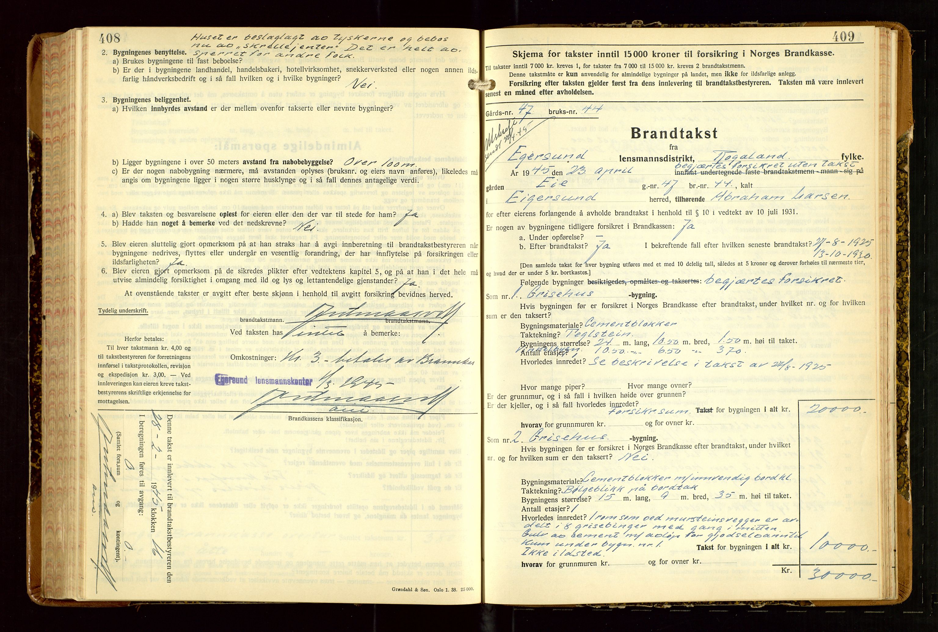 Eigersund lensmannskontor, AV/SAST-A-100171/Gob/L0007: "Brandtakstprotokoll", 1938-1955, p. 408-409