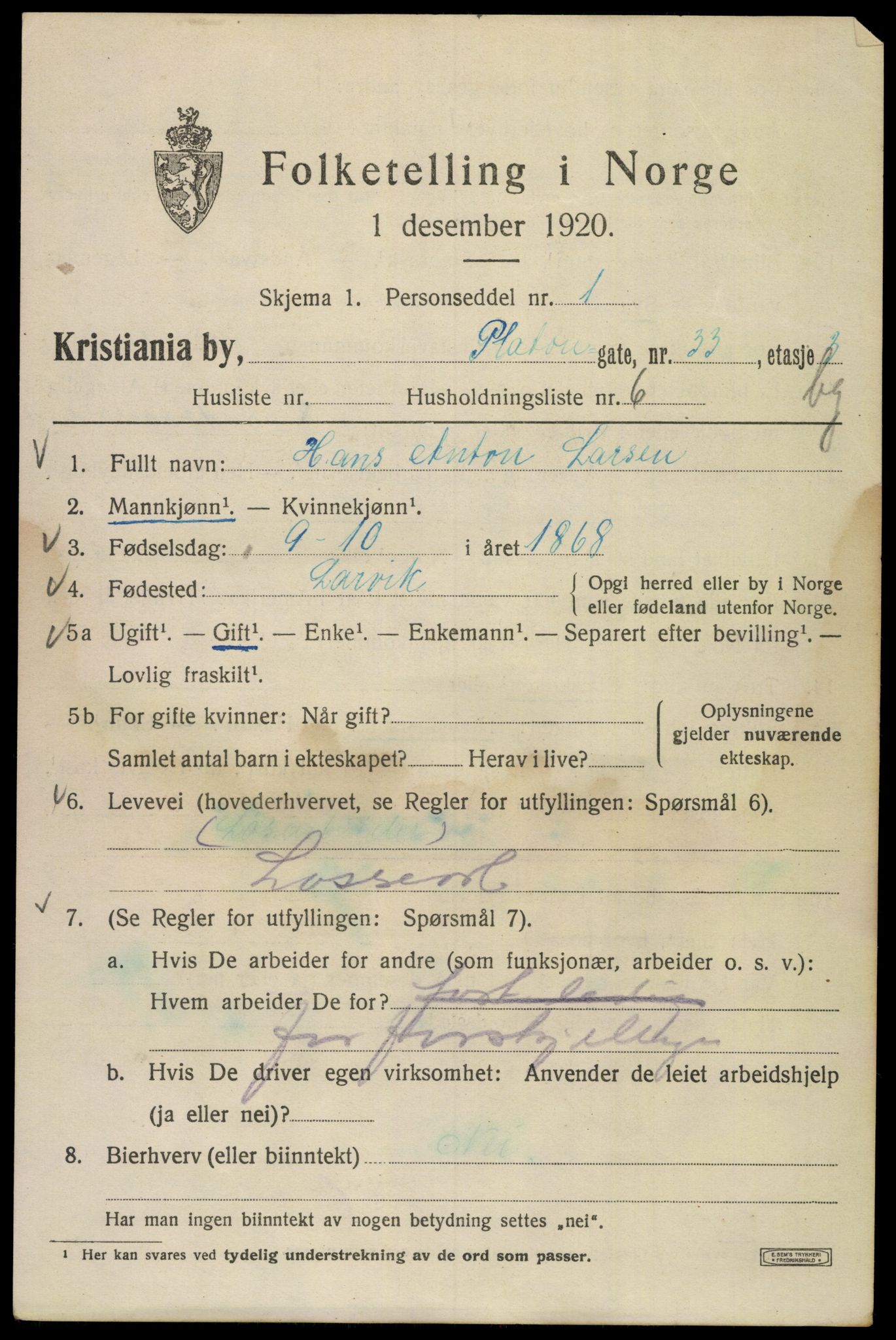 SAO, 1920 census for Kristiania, 1920, p. 456233