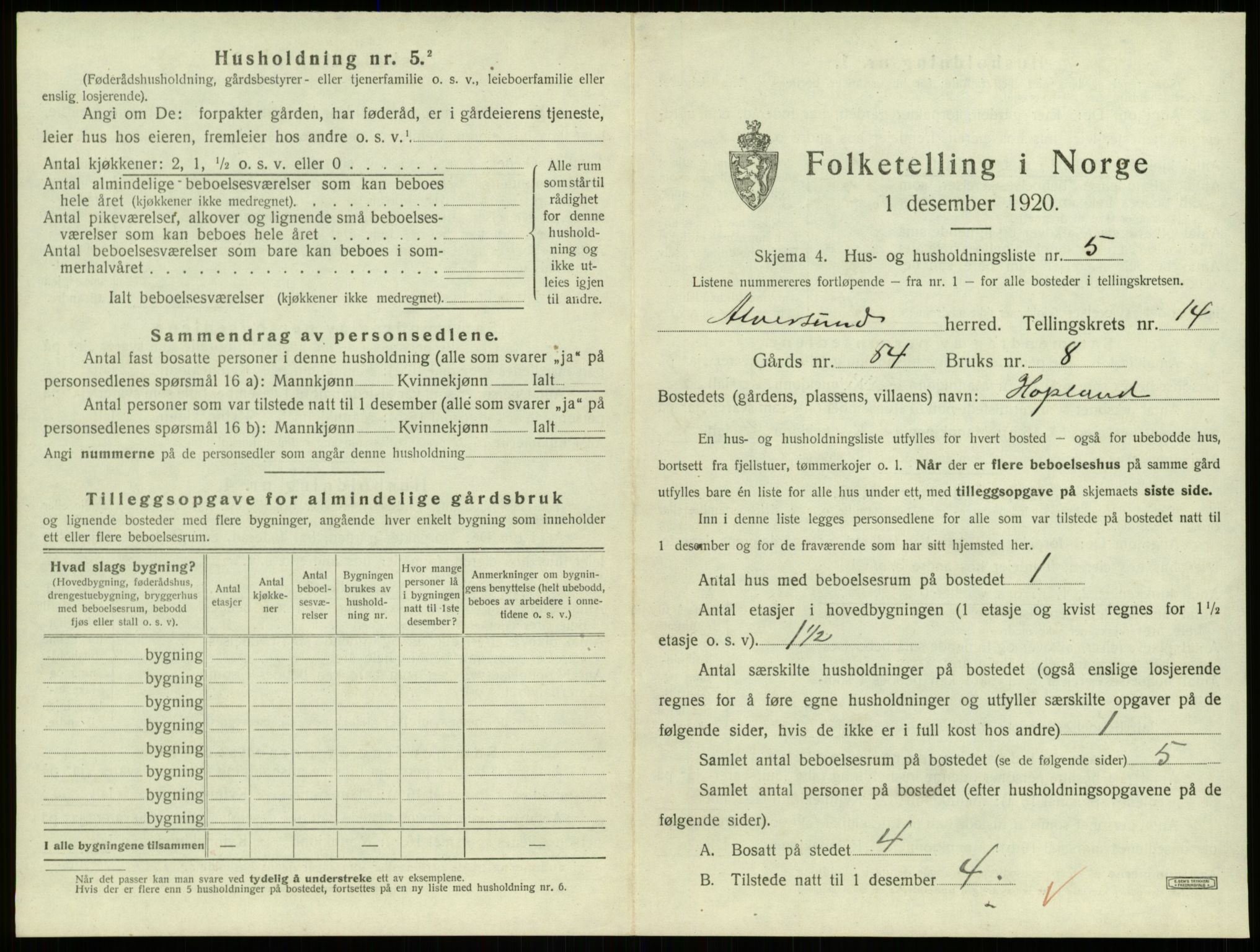 SAB, 1920 census for Alversund, 1920, p. 1033