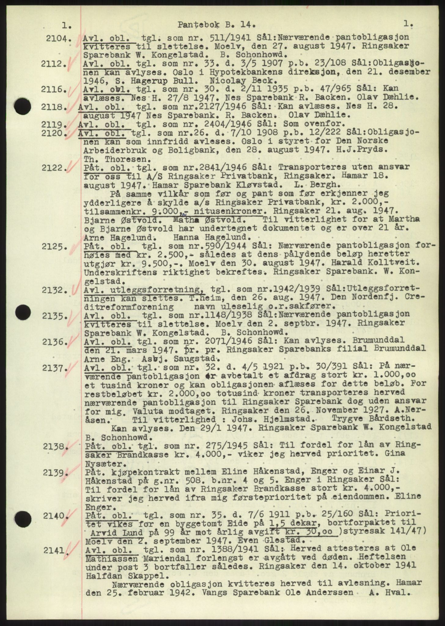 Nord-Hedmark sorenskriveri, SAH/TING-012/H/Hb/Hbf/L0014: Mortgage book no. B14, 1947-1948, Diary no: : 2104/1947