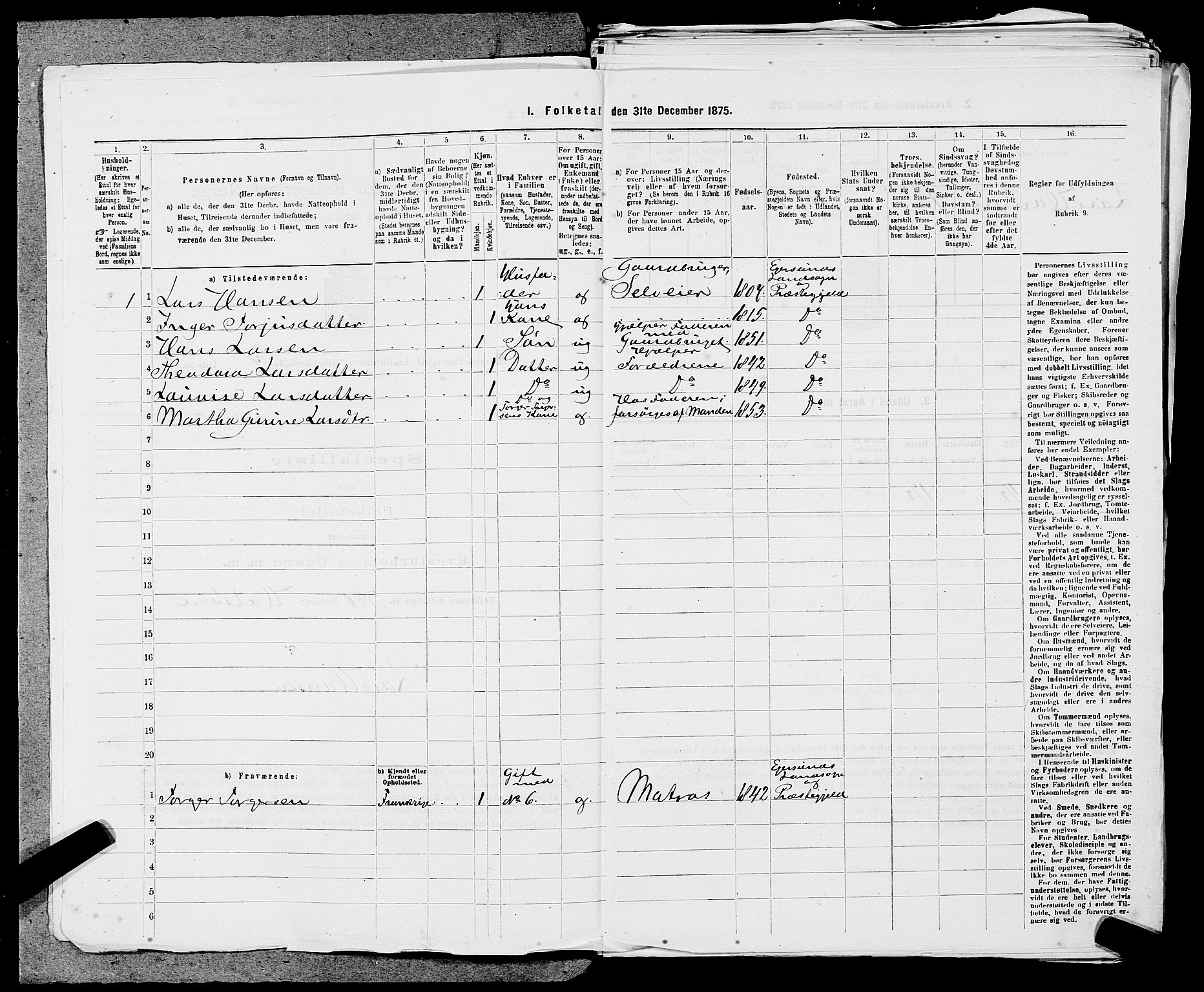 SAST, 1875 census for 1116L Eigersund/Eigersund og Ogna, 1875, p. 733