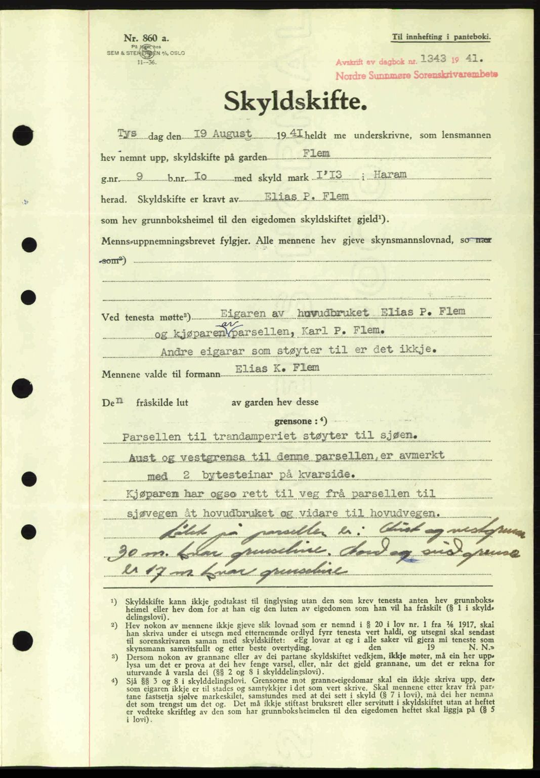 Nordre Sunnmøre sorenskriveri, AV/SAT-A-0006/1/2/2C/2Ca: Mortgage book no. A11, 1941-1941, Diary no: : 1343/1941