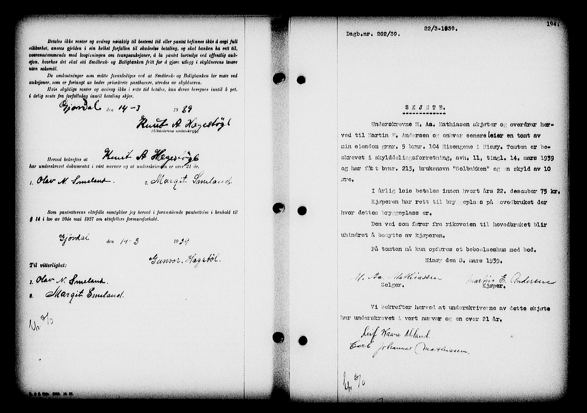 Nedenes sorenskriveri, SAK/1221-0006/G/Gb/Gba/L0046: Mortgage book no. 42, 1938-1939, Diary no: : 262/1939