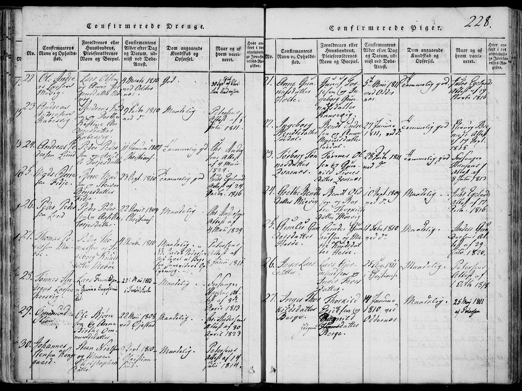 Oddernes sokneprestkontor, AV/SAK-1111-0033/F/Fa/Faa/L0005: Parish register (official) no. A 5, 1820-1838, p. 228