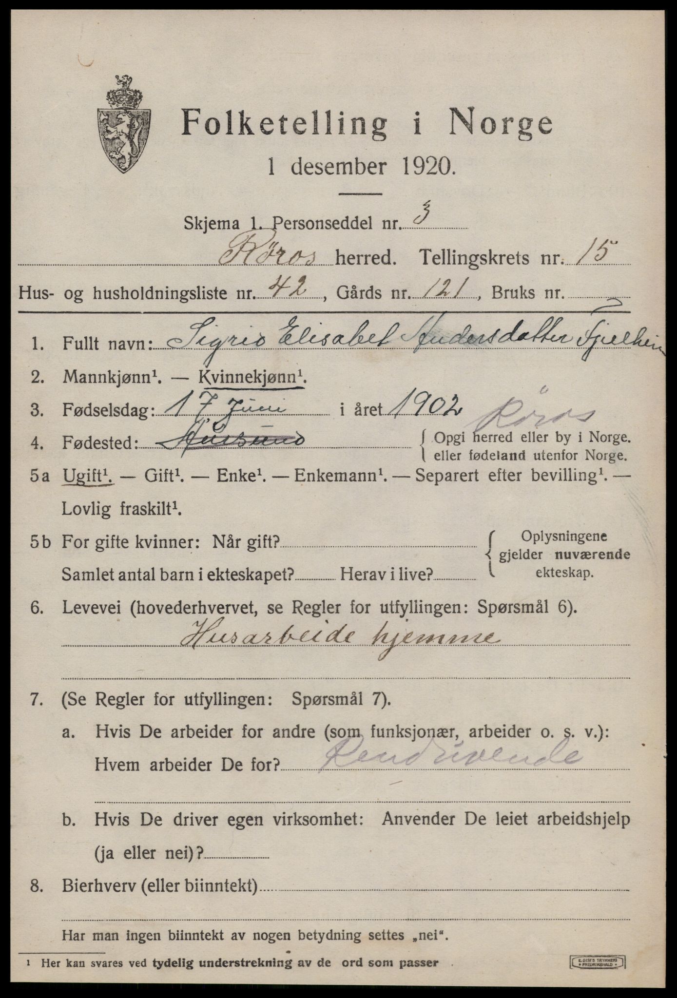 SAT, 1920 census for Røros, 1920, p. 10894