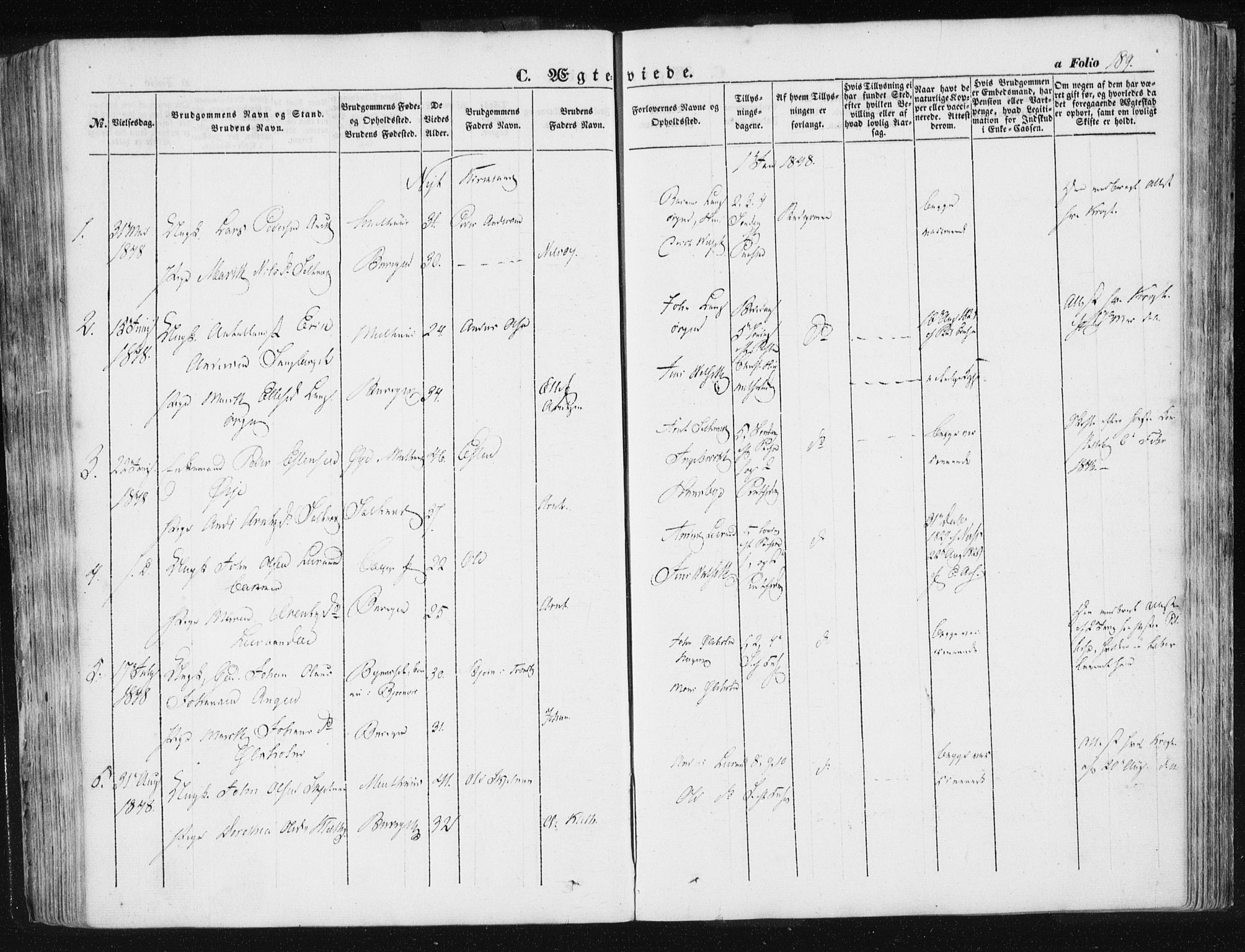 Ministerialprotokoller, klokkerbøker og fødselsregistre - Sør-Trøndelag, SAT/A-1456/612/L0376: Parish register (official) no. 612A08, 1846-1859, p. 189