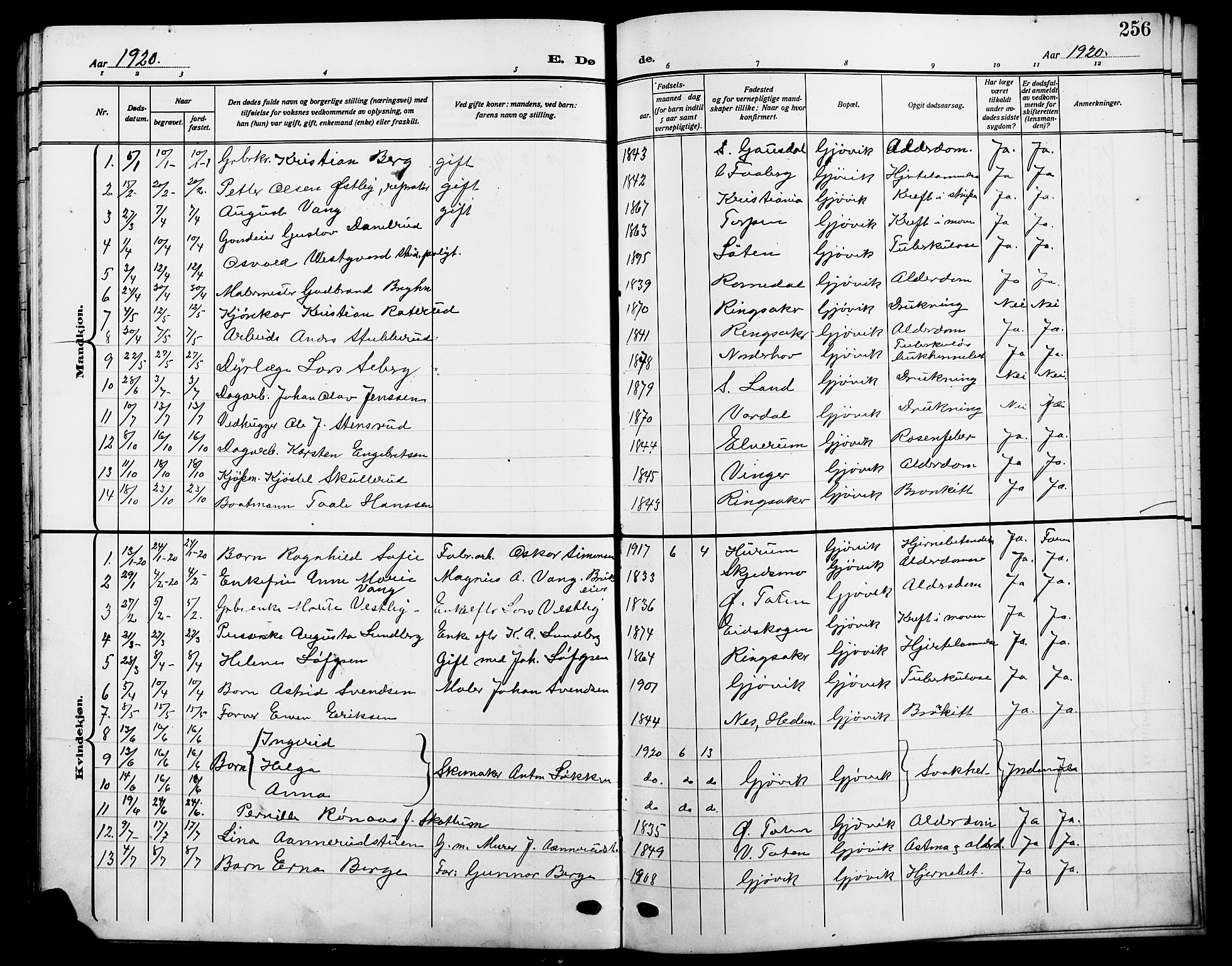 Vardal prestekontor, SAH/PREST-100/H/Ha/Hab/L0014: Parish register (copy) no. 14, 1911-1922, p. 256