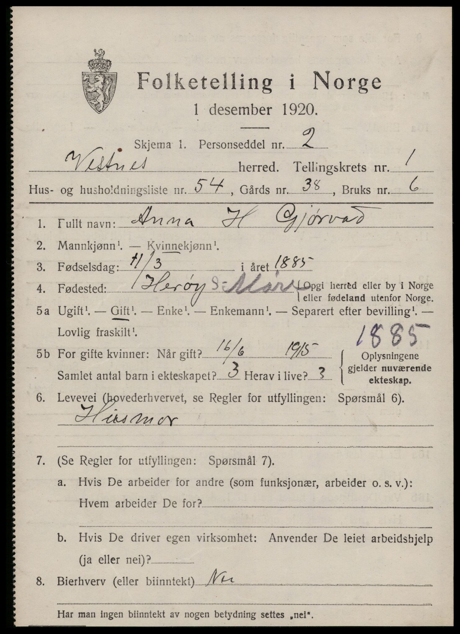 SAT, 1920 census for Vestnes, 1920, p. 1855