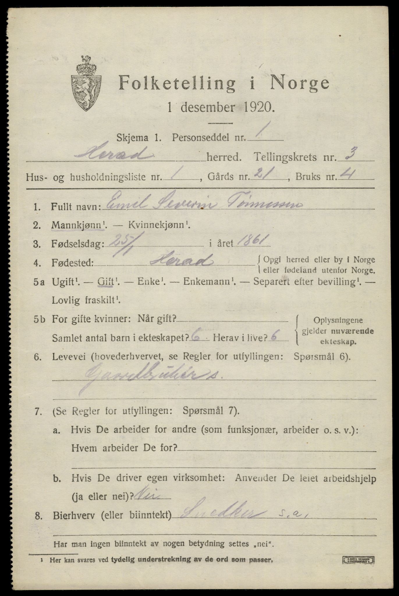 SAK, 1920 census for Herad, 1920, p. 1334