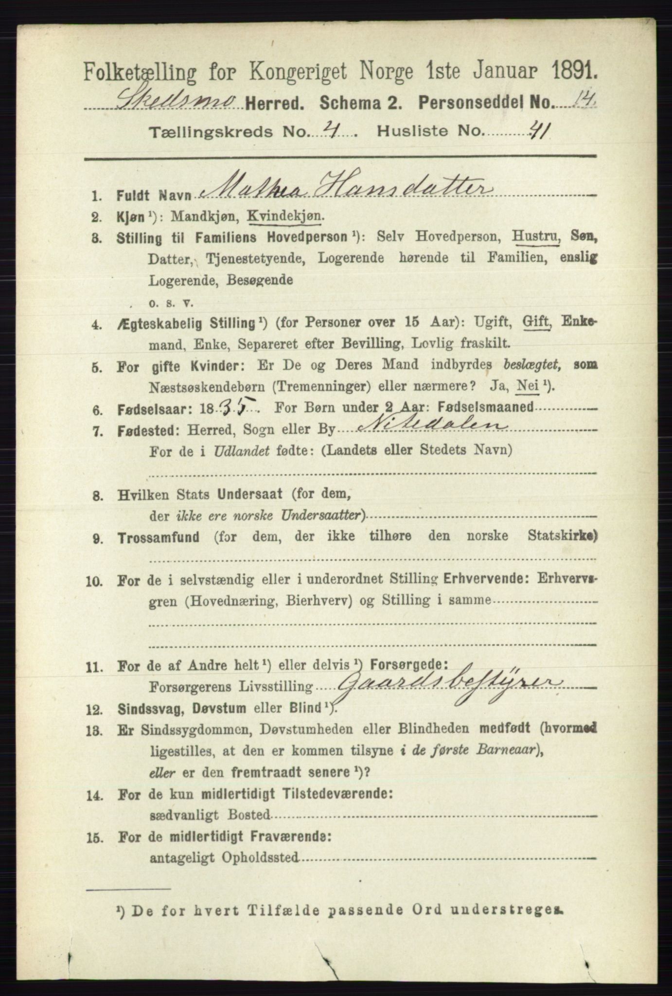 RA, 1891 census for 0231 Skedsmo, 1891, p. 2098