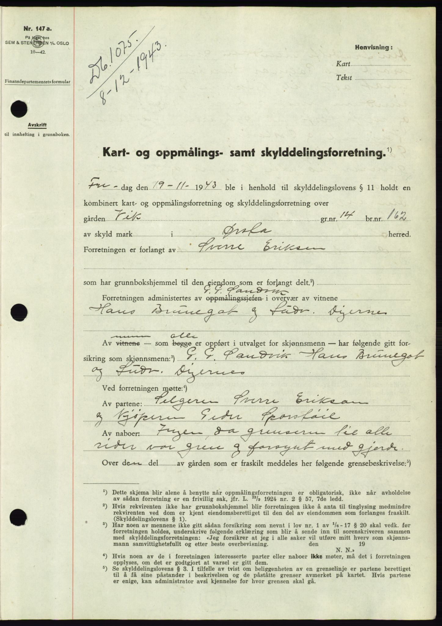 Søre Sunnmøre sorenskriveri, AV/SAT-A-4122/1/2/2C/L0075: Mortgage book no. 1A, 1943-1943, Diary no: : 1075/1943