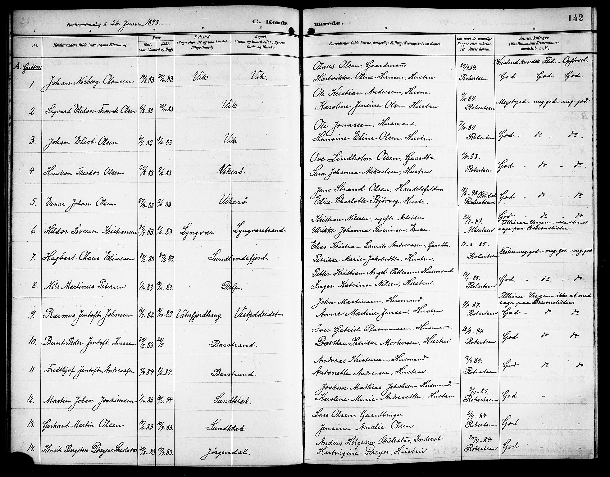 Ministerialprotokoller, klokkerbøker og fødselsregistre - Nordland, AV/SAT-A-1459/876/L1105: Parish register (copy) no. 876C04, 1896-1914, p. 142