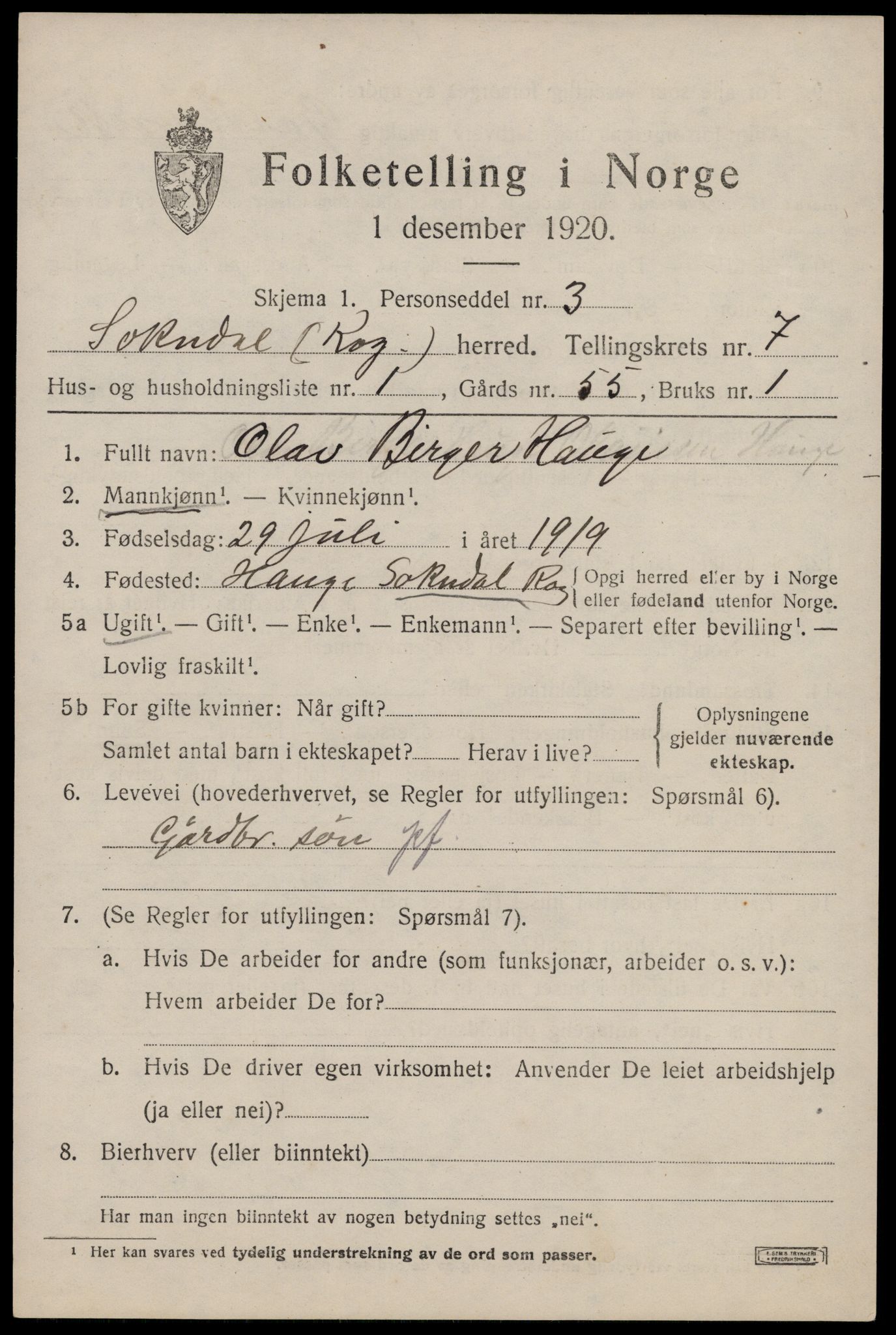 SAST, 1920 census for Sokndal, 1920, p. 4209