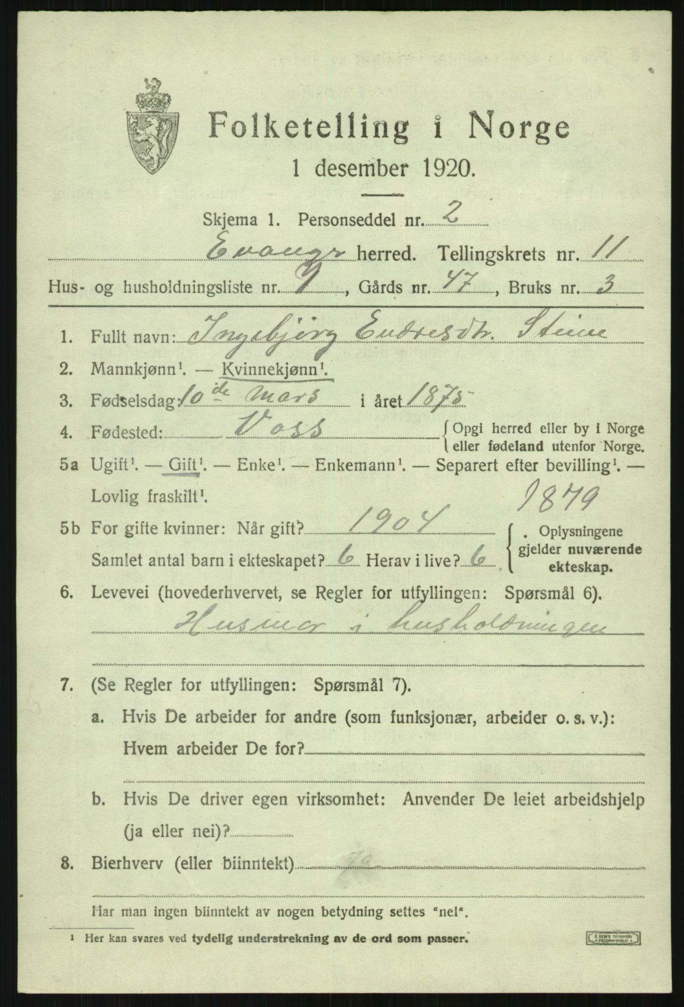 SAB, 1920 census for Evanger, 1920, p. 3635