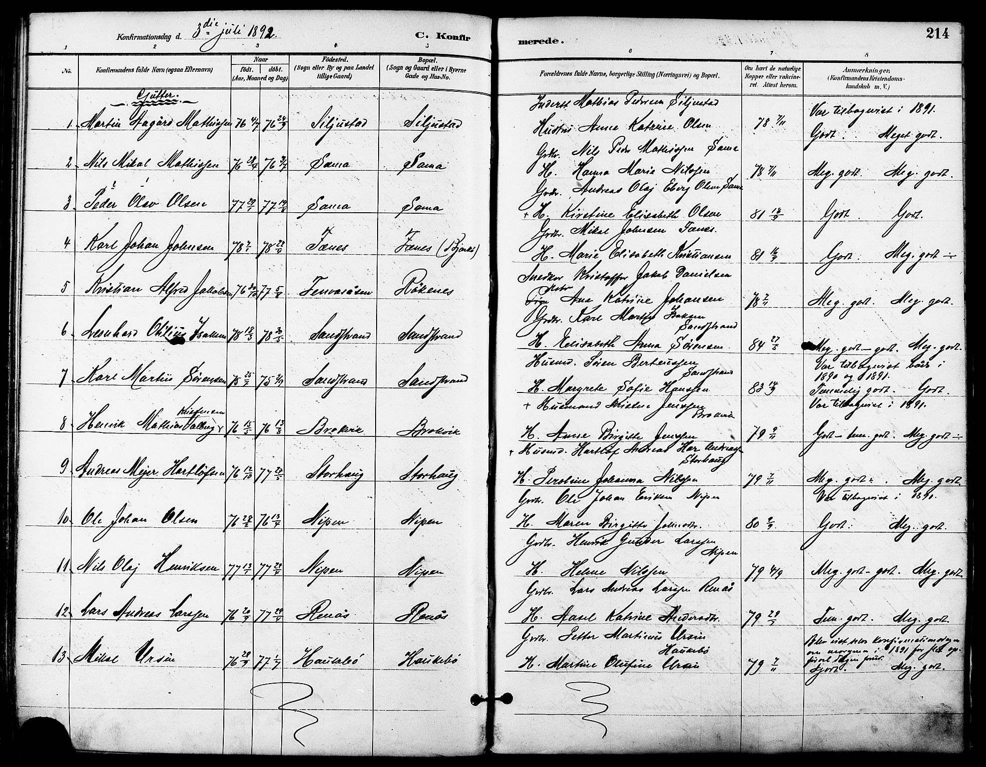 Trondenes sokneprestkontor, SATØ/S-1319/H/Ha/L0016kirke: Parish register (official) no. 16, 1890-1898, p. 214