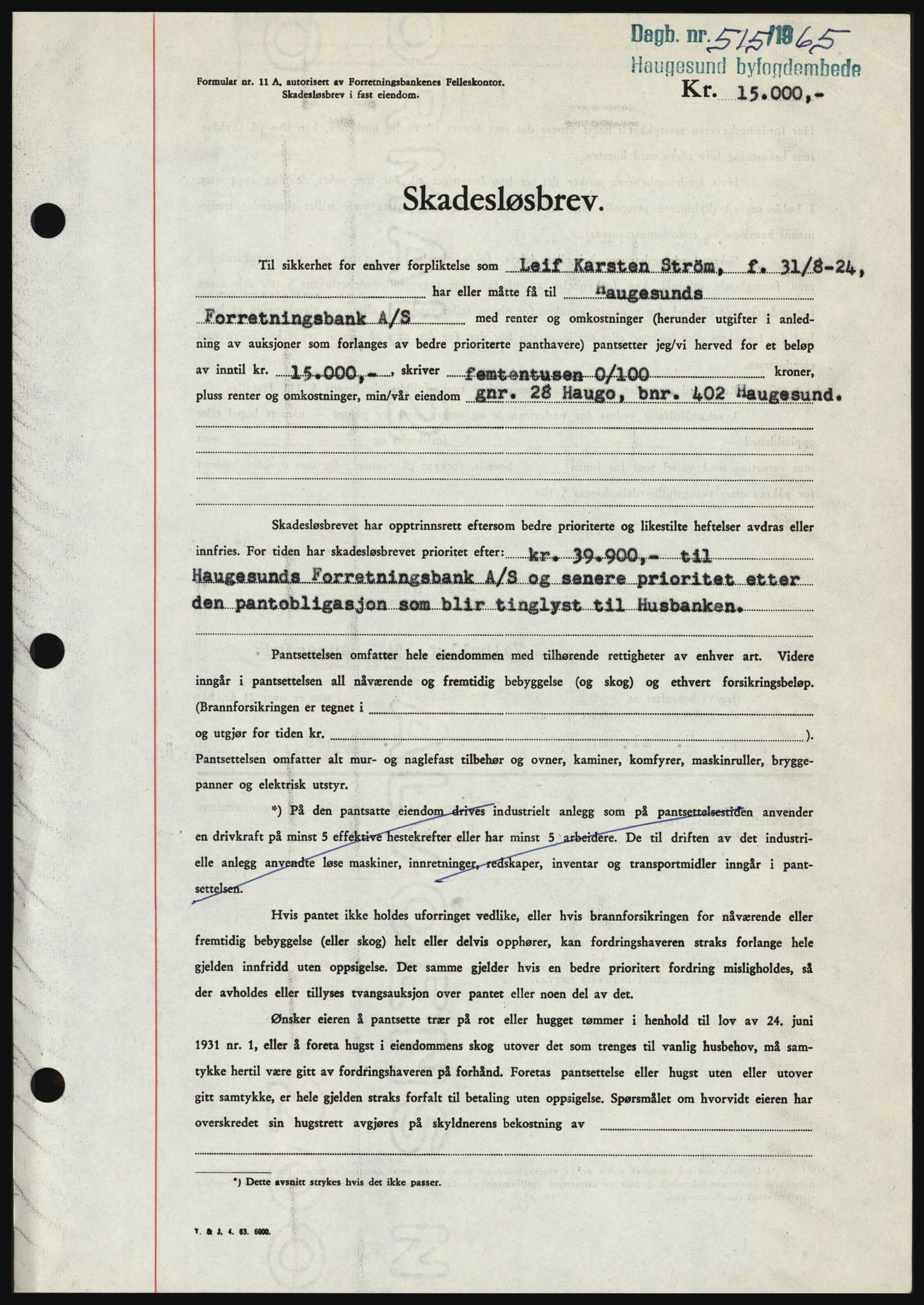 Haugesund tingrett, SAST/A-101415/01/II/IIC/L0053: Mortgage book no. B 53, 1965-1965, Diary no: : 515/1965