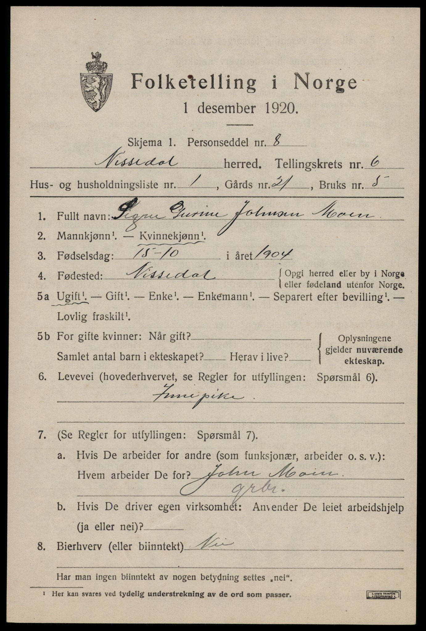 SAKO, 1920 census for Nissedal, 1920, p. 2285
