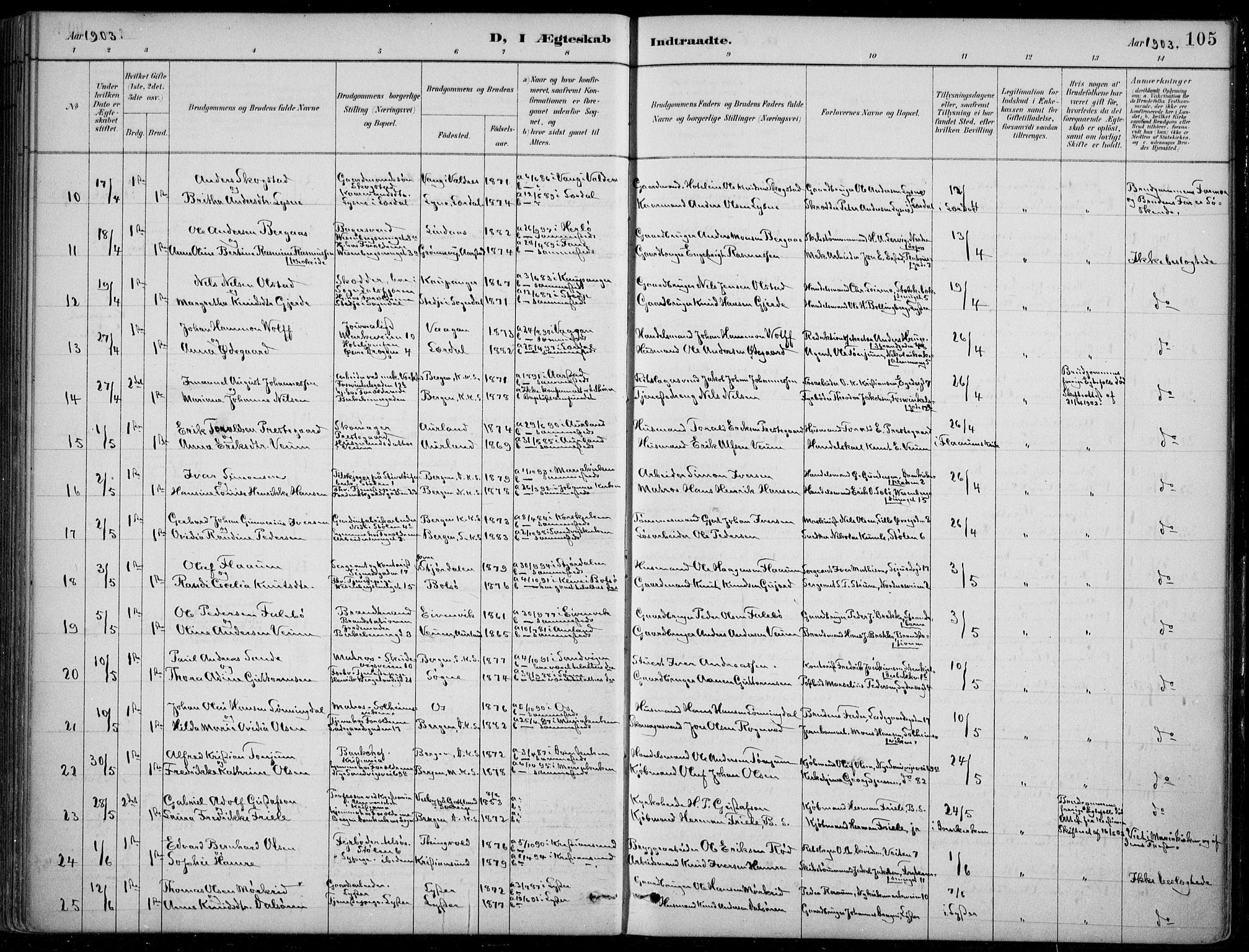 Mariakirken Sokneprestembete, SAB/A-76901/H/Hab/L0008: Parish register (copy) no. A 8, 1889-1908, p. 105