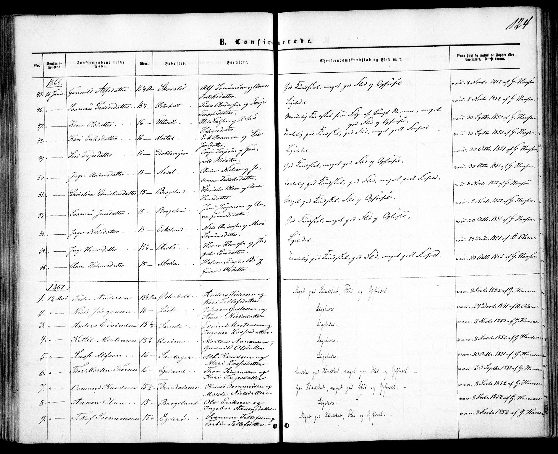 Gjerstad sokneprestkontor, AV/SAK-1111-0014/F/Fa/Faa/L0007: Parish register (official) no. A 7, 1858-1875, p. 124