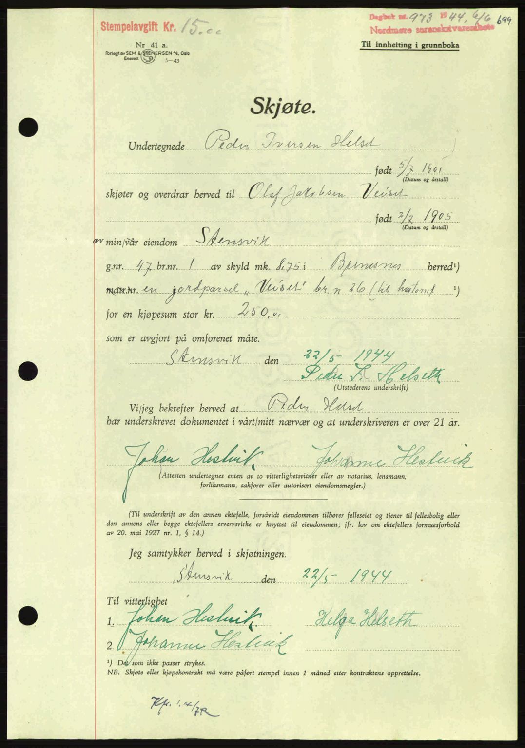 Nordmøre sorenskriveri, AV/SAT-A-4132/1/2/2Ca: Mortgage book no. A97, 1944-1944, Diary no: : 973/1944