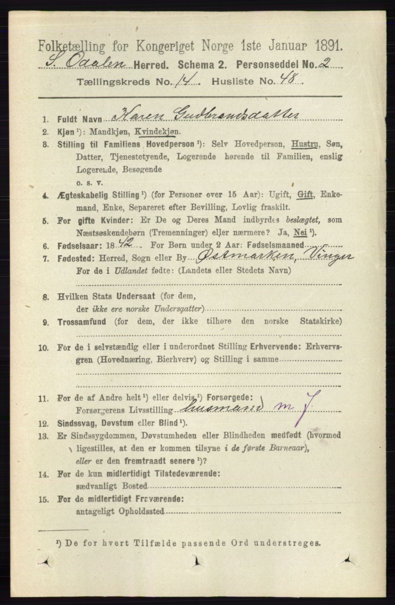 RA, 1891 census for 0419 Sør-Odal, 1891, p. 6334