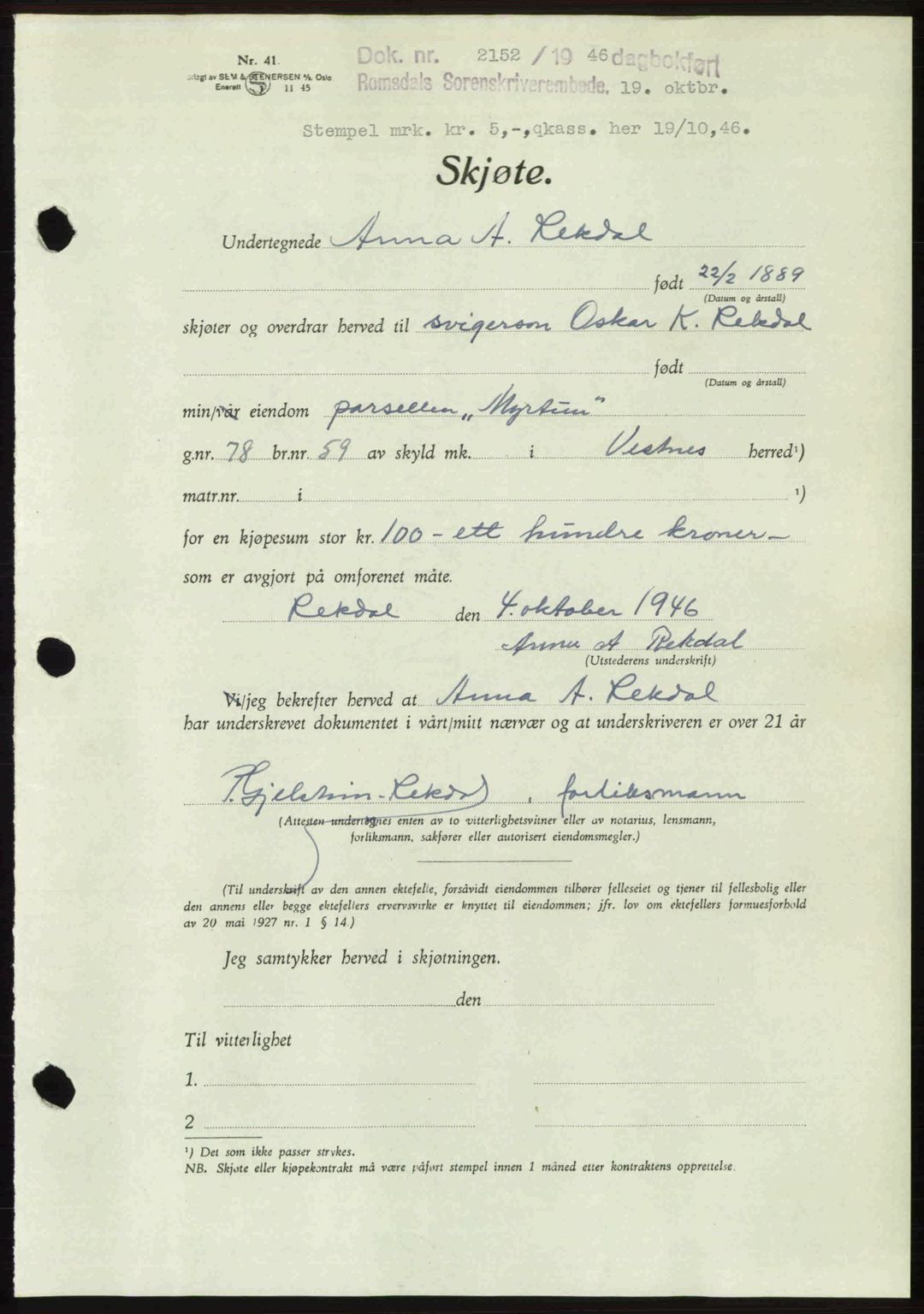 Romsdal sorenskriveri, AV/SAT-A-4149/1/2/2C: Mortgage book no. A21, 1946-1946, Diary no: : 2152/1946