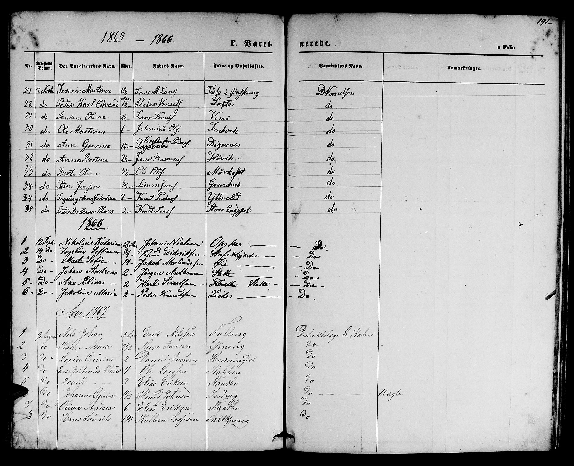 Ministerialprotokoller, klokkerbøker og fødselsregistre - Møre og Romsdal, AV/SAT-A-1454/524/L0364: Parish register (copy) no. 524C05, 1865-1879, p. 191