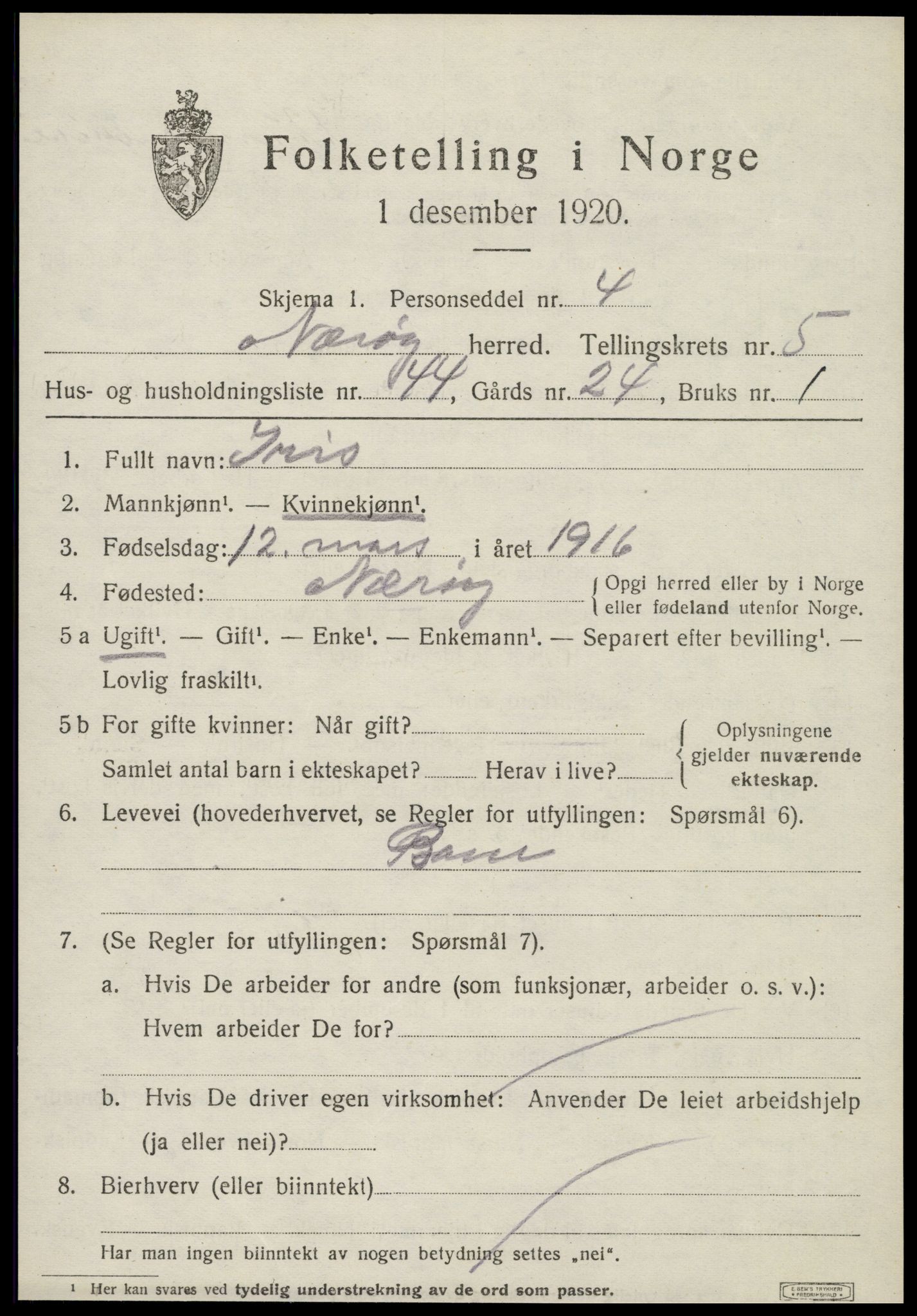 SAT, 1920 census for Nærøy, 1920, p. 2963