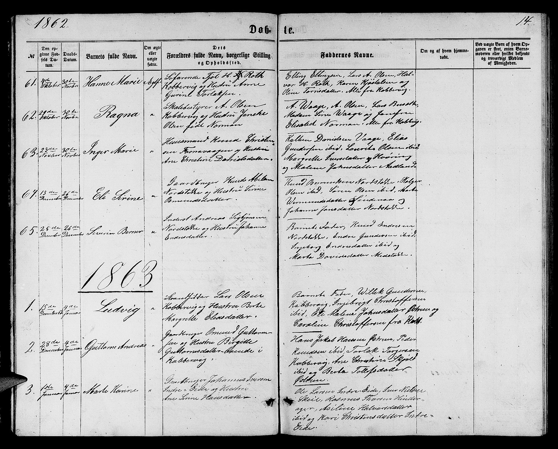 Avaldsnes sokneprestkontor, SAST/A -101851/H/Ha/Hab/L0004: Parish register (copy) no. B 4, 1861-1876, p. 14