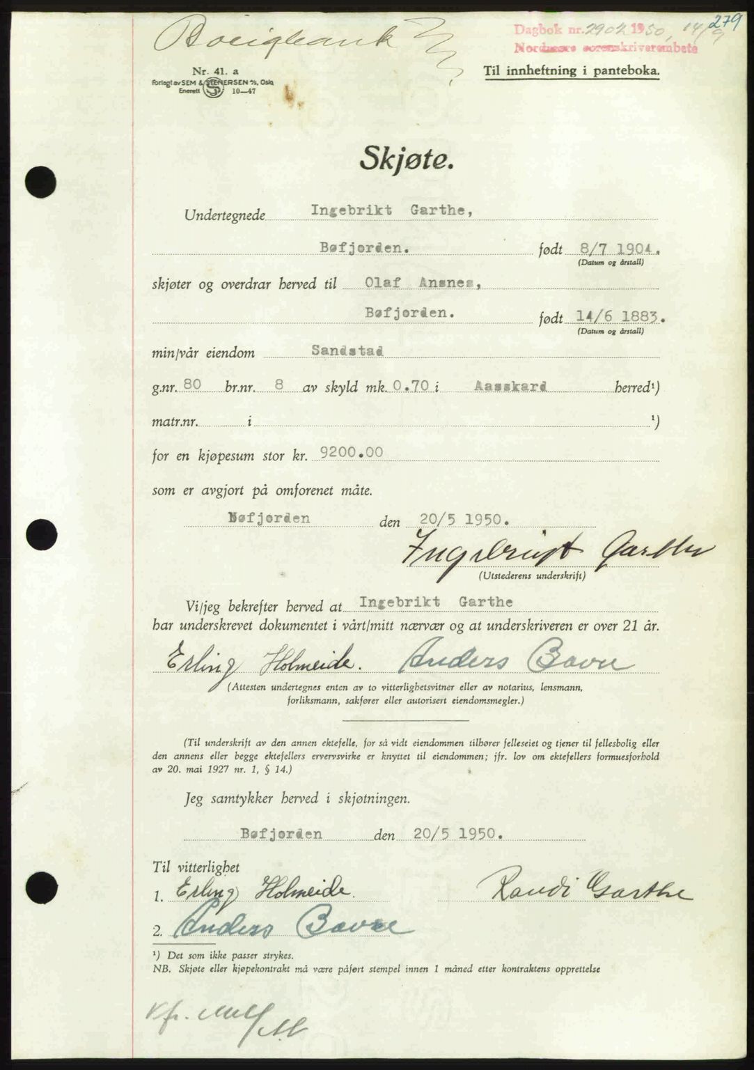 Nordmøre sorenskriveri, AV/SAT-A-4132/1/2/2Ca: Mortgage book no. A116, 1950-1950, Diary no: : 2902/1950