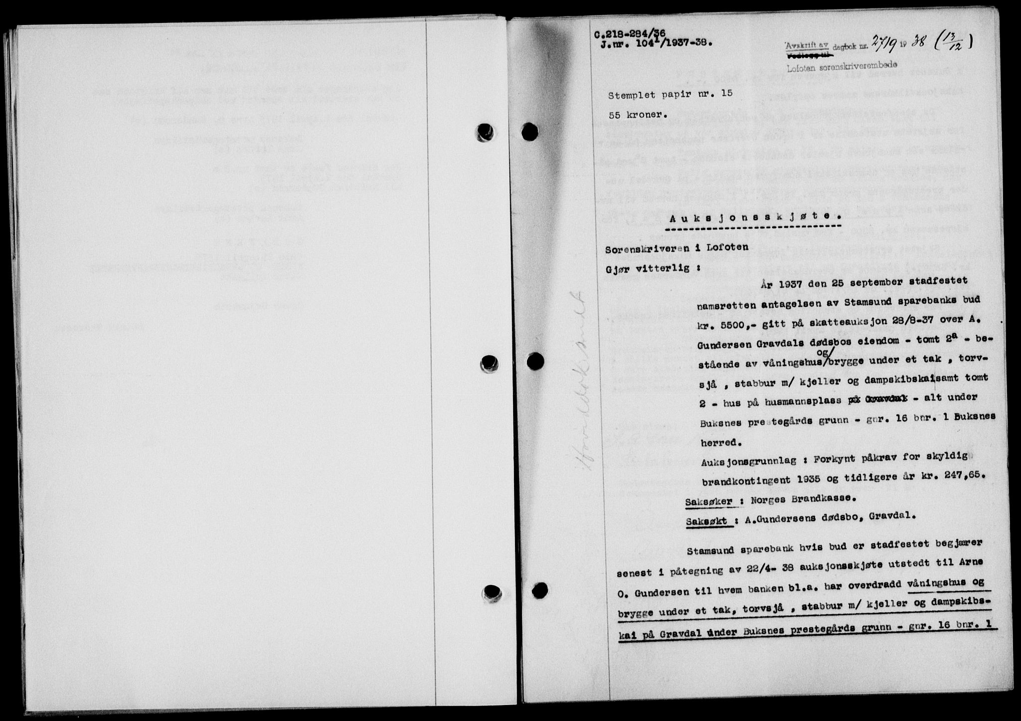Lofoten sorenskriveri, SAT/A-0017/1/2/2C/L0005a: Mortgage book no. 5a, 1939-1939, Diary no: : 2719/1938
