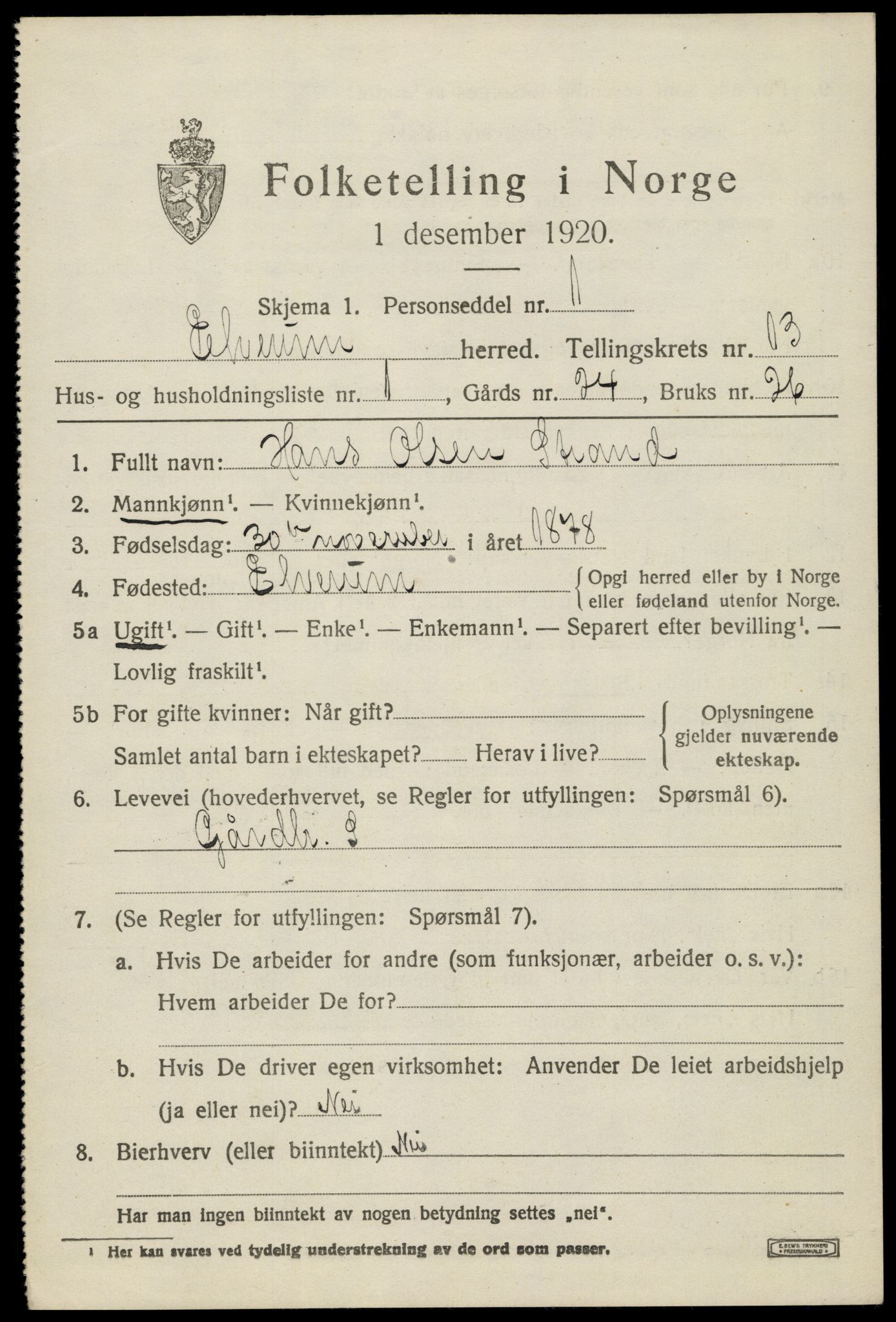 SAH, 1920 census for Elverum, 1920, p. 17366