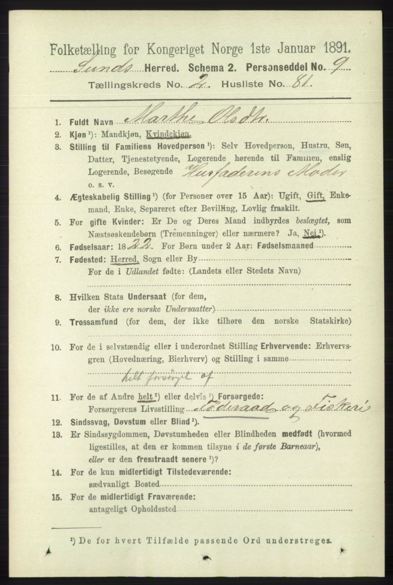 RA, 1891 census for 1245 Sund, 1891, p. 1117