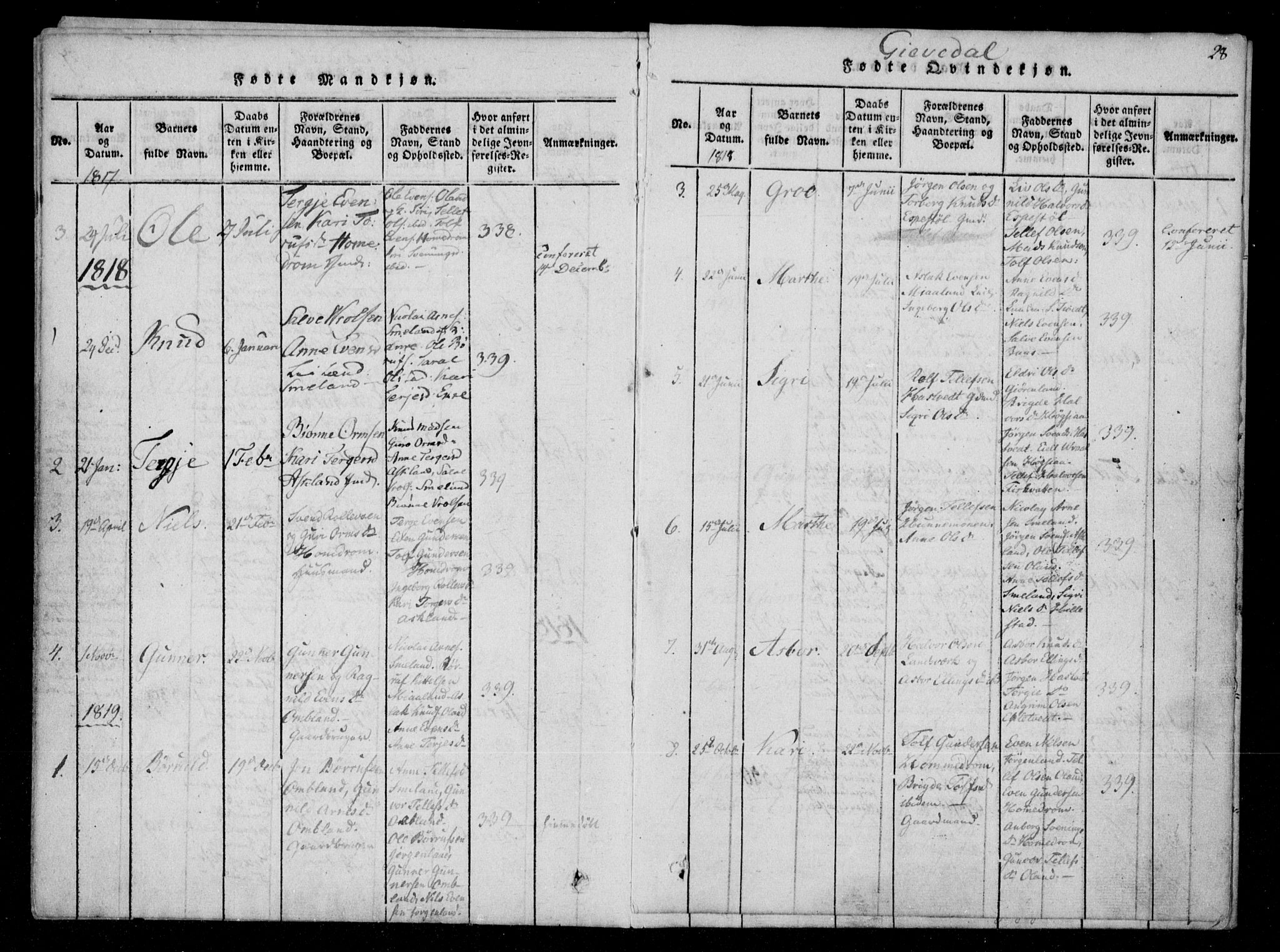 Åmli sokneprestkontor, SAK/1111-0050/F/Fa/Fac/L0006: Parish register (official) no. A 6, 1816-1829, p. 28