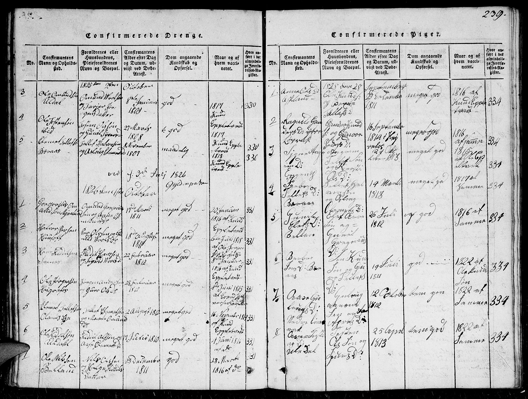 Herefoss sokneprestkontor, SAK/1111-0019/F/Fb/Fbc/L0001: Parish register (copy) no. B 1, 1816-1866, p. 239